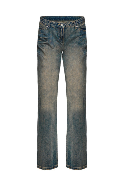 The I.AM.GIA DYLAN JEAN in blue denim features a classic vintage straight-leg cut, subtle thigh fading, and standard pockets, shown against a plain white background.
