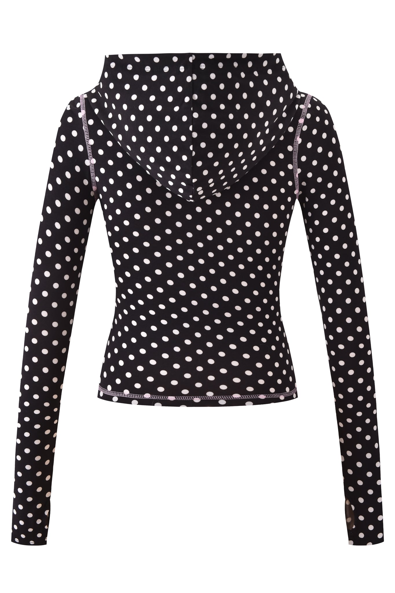 The BLARE HOODIE - BLACK POLKA DOT by I.AM.GIA features a fitted, long-sleeve silhouette with a white polka dot pattern and is shown from the back.