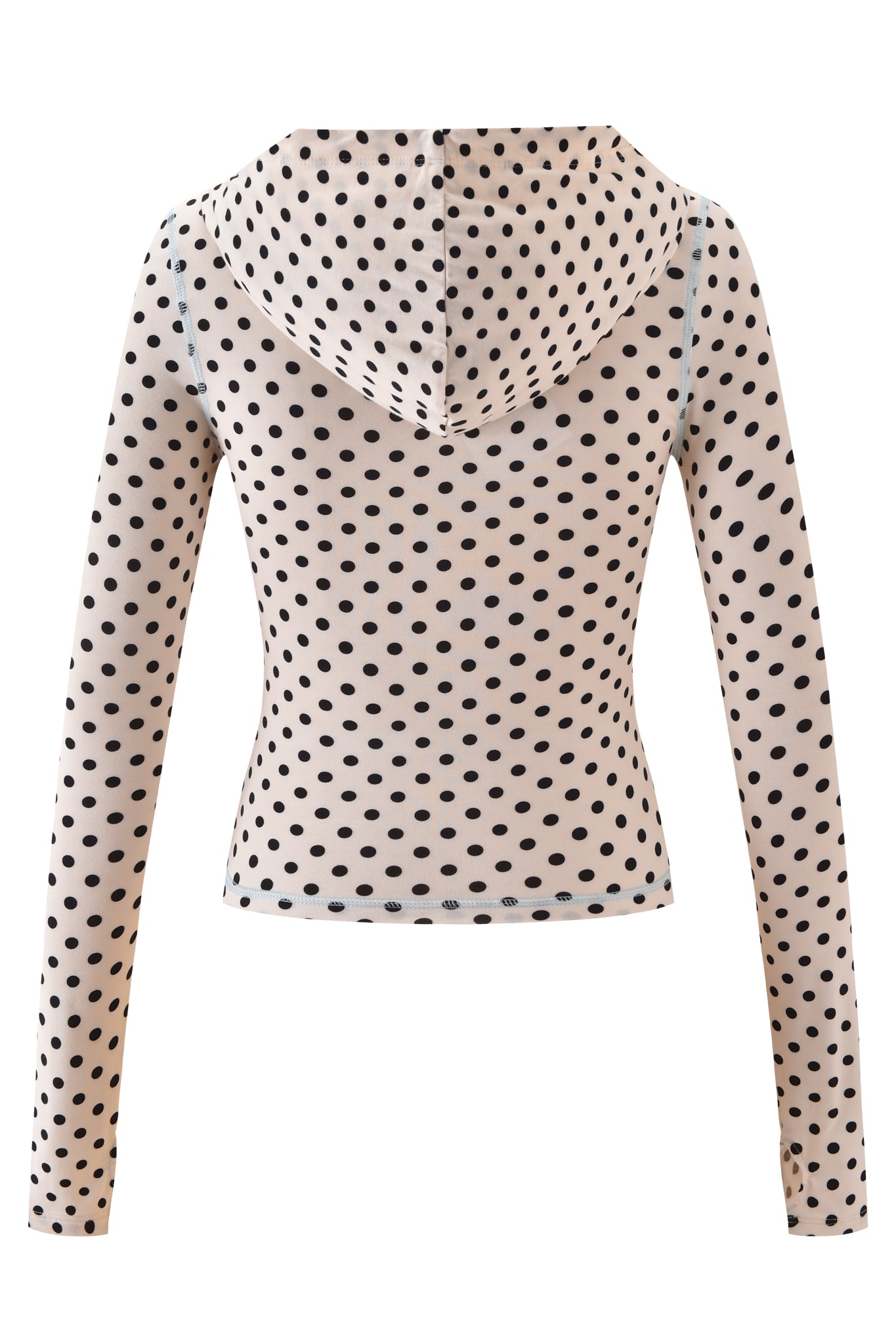 Back view of the I.AM.GIA BLARE HOODIE - CREAM POLKA DOT, a slim-fit, long-sleeve style in cream with black polka dots, no visible fasteners or pockets, and a subtle Gia logo displayed on the back.