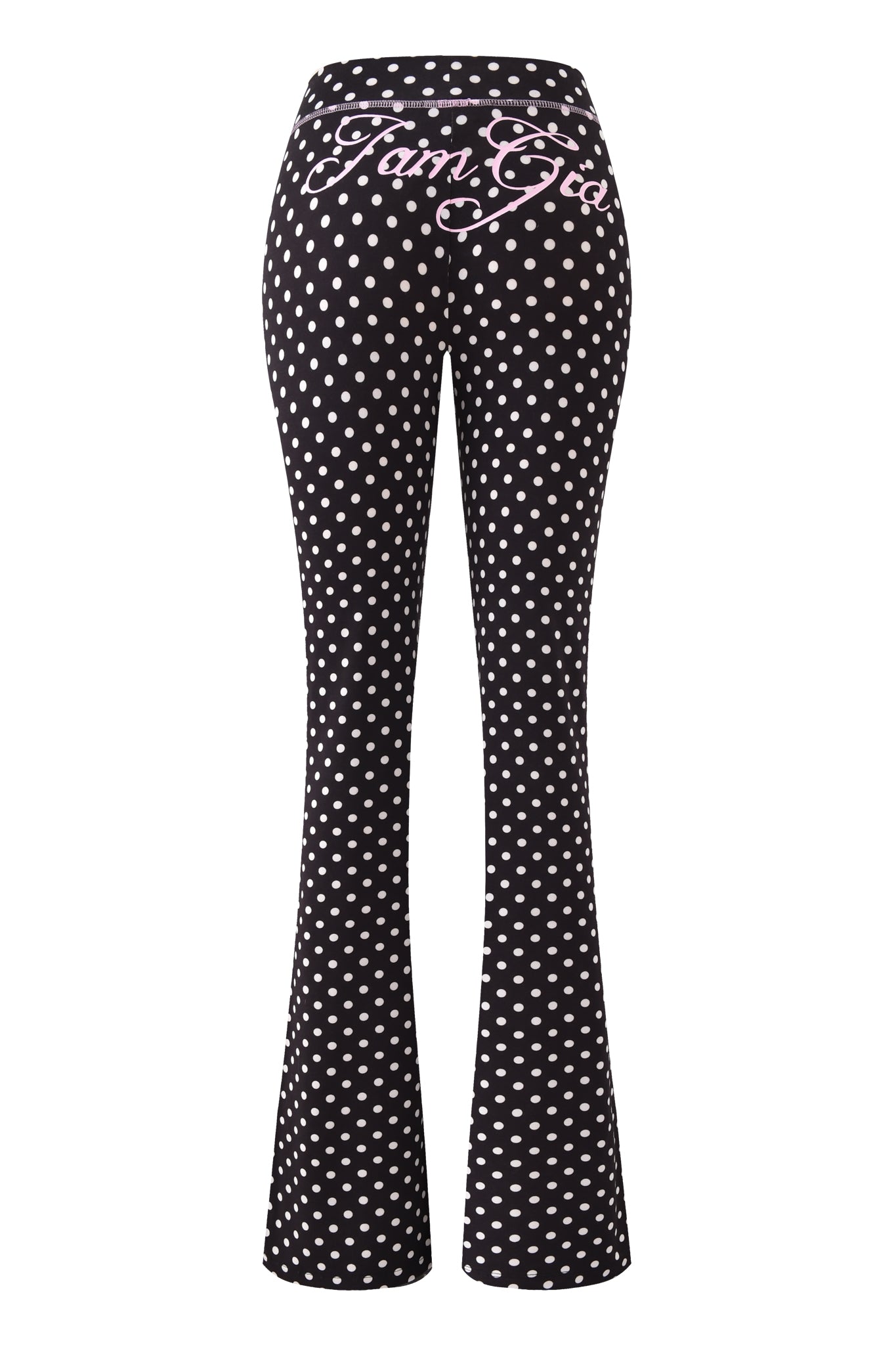The BLARE TRACKPANT - BLACK POLKA DOT by I.AM.GIA features a polka dot print and pink cursive "Fam Gia" text on the back waistband, making it a standout piece.