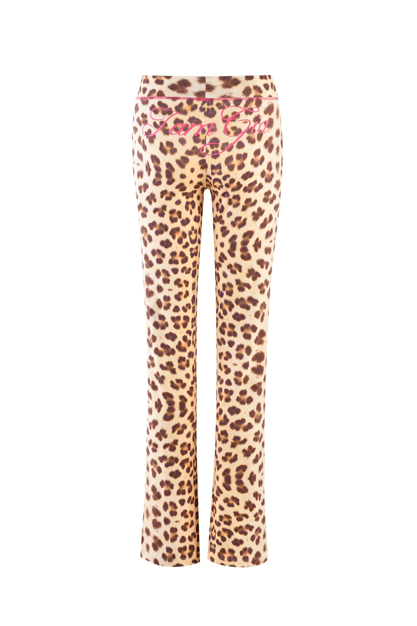 The BLARE TRACKPANT in Neutral Leopard Wild Card by I.AM.GIA features flared legs and "Baby" in pink cursive on the back, shown against a white background. A bold statement piece.