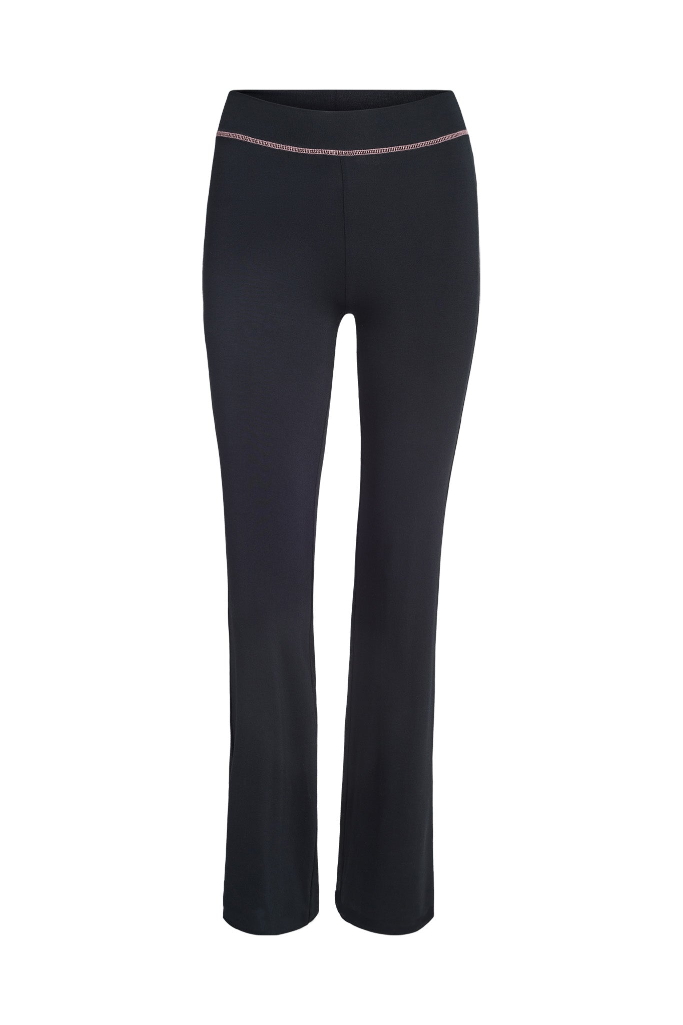 The BLARE TRACKPANT - BLACK by I.AM.GIA features a high waist, bootcut fit, and subtle pink stitching on the waistband, shown against a white background.