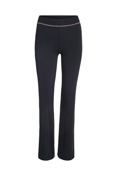 The BLARE TRACKPANT - BLACK by I.AM.GIA features a high waist, bootcut fit, and subtle pink stitching on the waistband, shown against a white background.