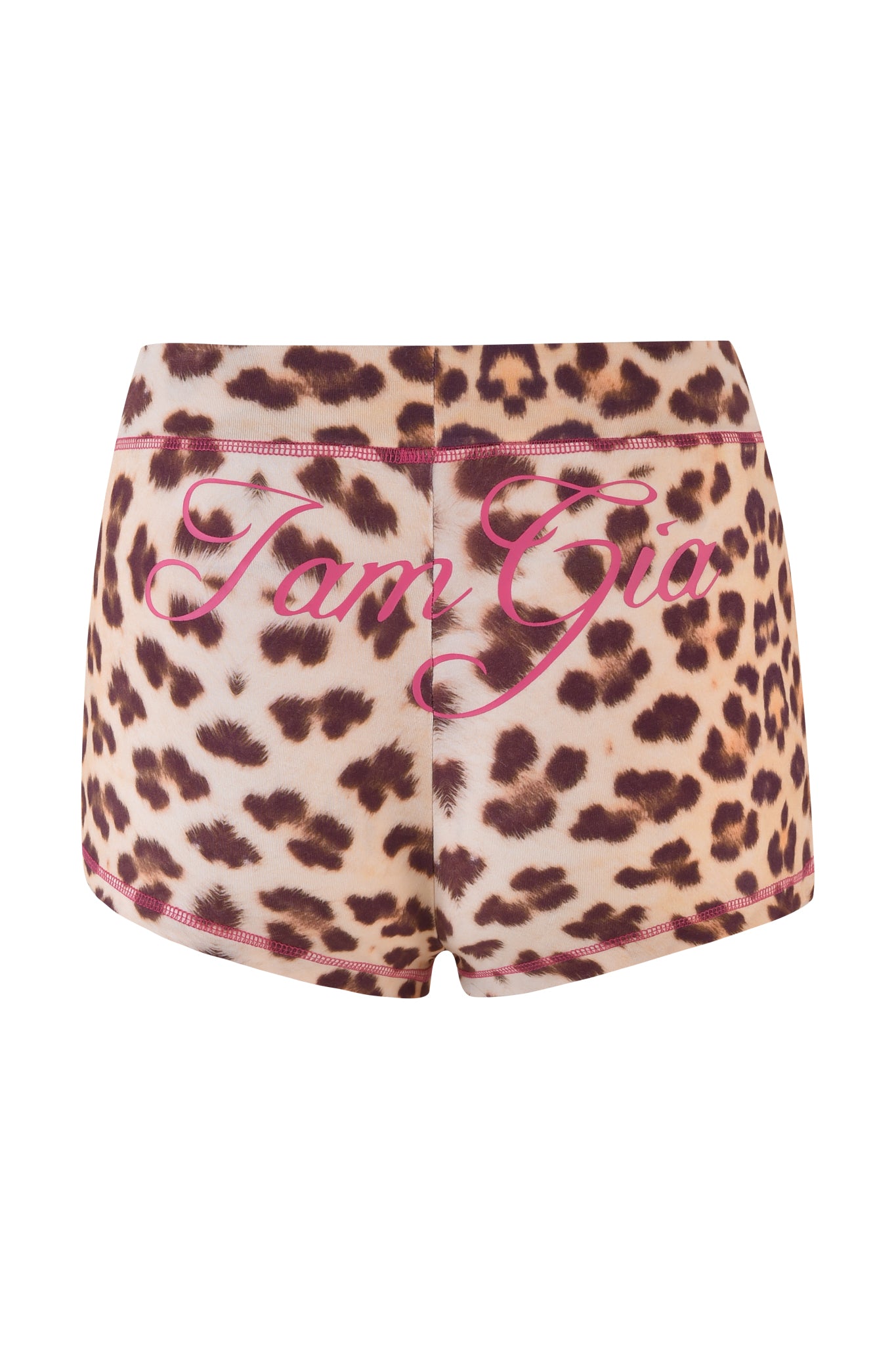 The I.AM.GIA BLARE SHORT in Neutral Leopard Wild Card features a high-waist, mid-rise elastic waistband, and bold pink "I Am Gia" cursive lettering across the back.