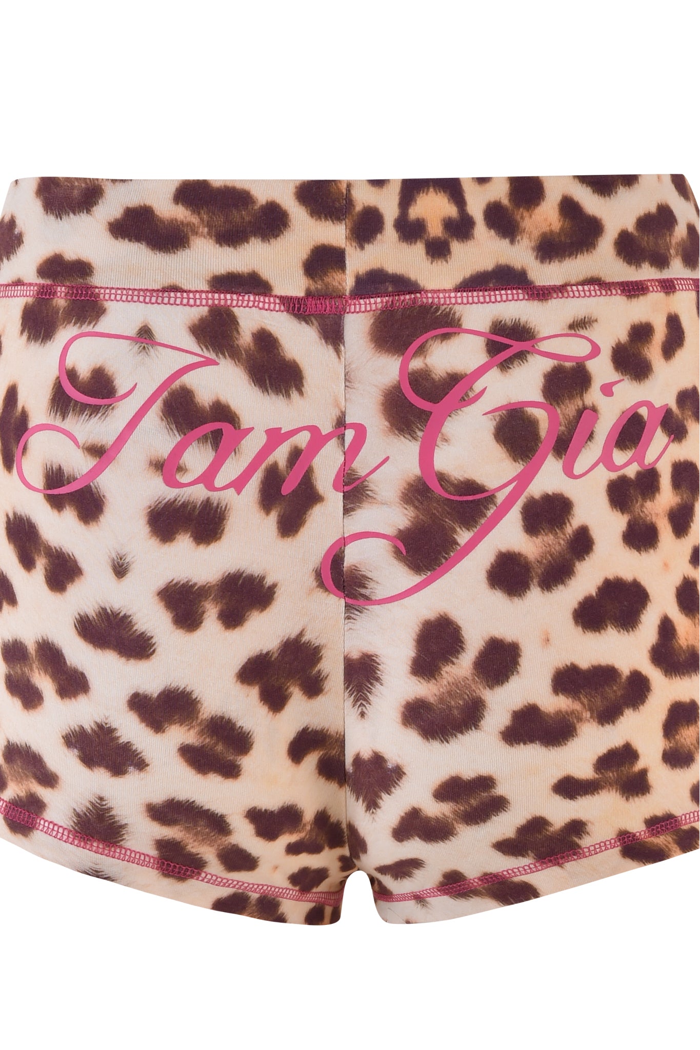 The BLARE SHORT in Leopard Wild Card by I.AM.GIA features a high waist, mid-rise elastic waistband, pink seams, and “I.AM.GIA” in pink cursive on the back.