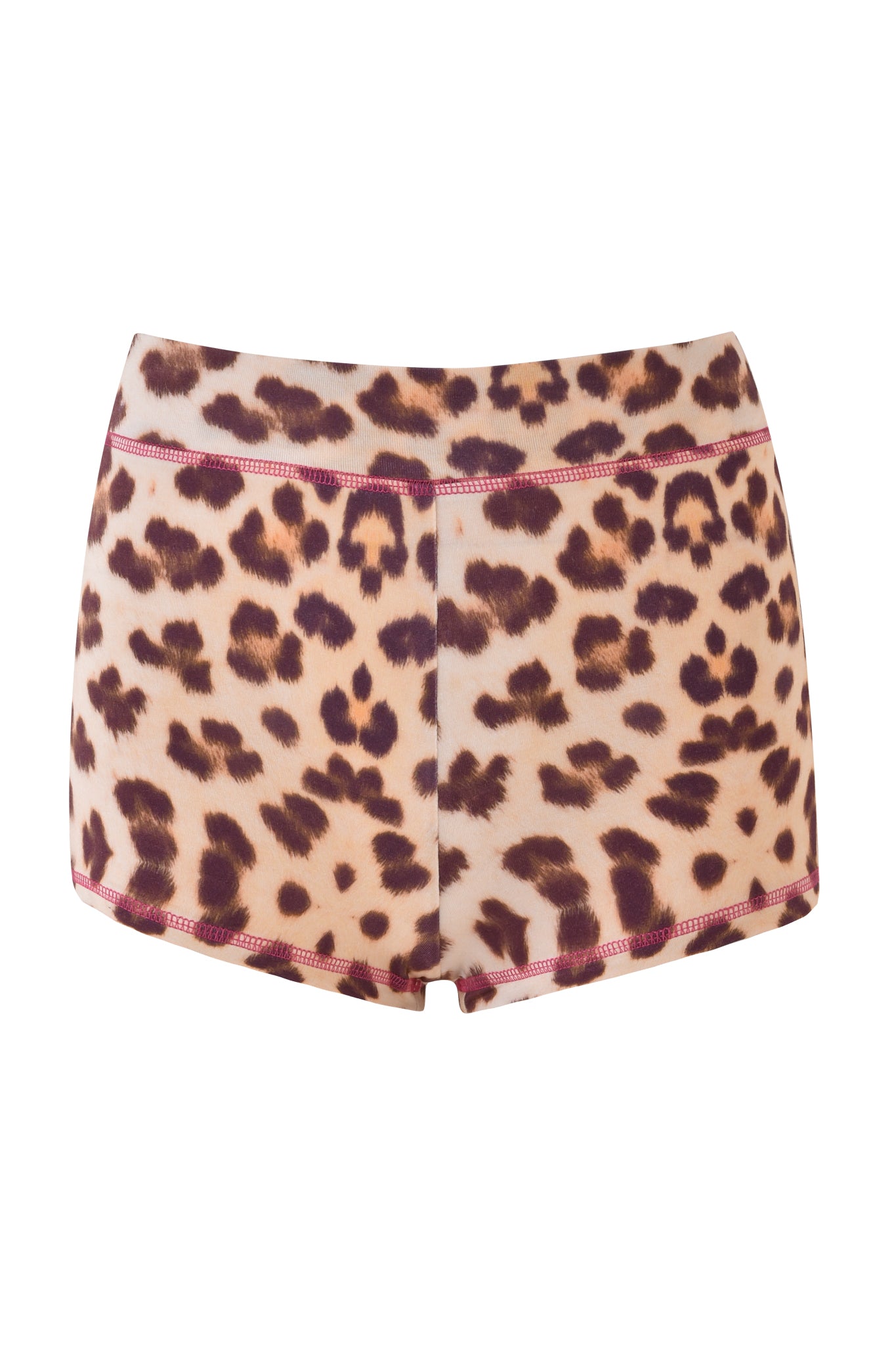 I.AM.GIA’s BLARE SHORT – NEUTRAL : LEOPARD : WILD CARD features a high-waisted leopard print with pink-stitched seams and a mid-rise elastic waistband, shown on a plain white background.