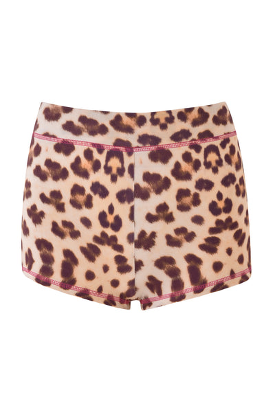 I.AM.GIA’s BLARE SHORT – NEUTRAL : LEOPARD : WILD CARD features a high-waisted leopard print with pink-stitched seams and a mid-rise elastic waistband, shown on a plain white background.