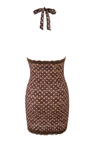The GEM MINI DRESS - PINK CHOCOLATE by I.AM.GIA features brown lace, pink polka dots, scalloped lace trim at the top and bottom, and a matching halter tie—offering chic style inspired by Tiger Mist collections.