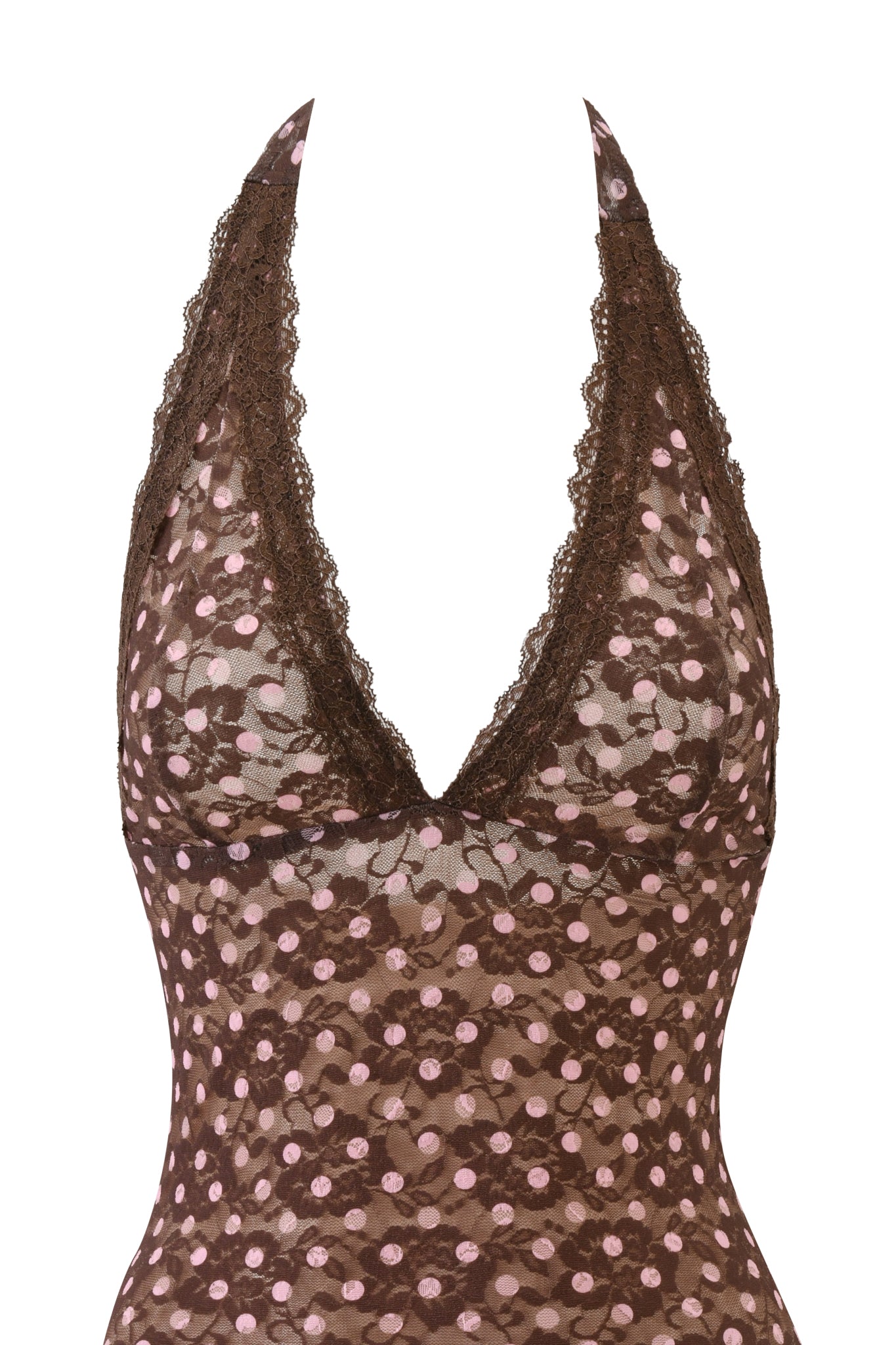 Sheer brown lace halter lingerie top with pink polka dots and delicate lace trim—perfect for layering under your I.AM.GIA GEM MINI DRESS - PINK CHOCOLATE.