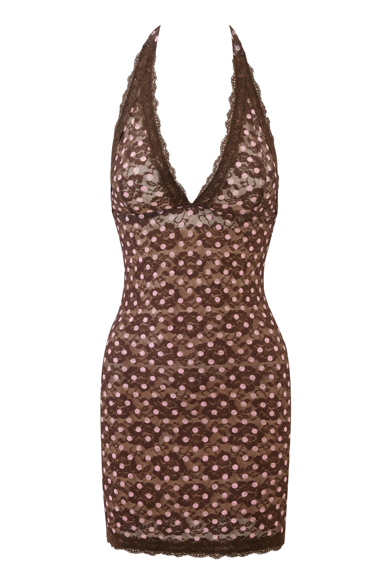 The I.AM.GIA GEM MINI DRESS - PINK CHOCOLATE is a sleeveless halter-neck dress in sheer brown lace, featuring a pink polka dot pattern and scalloped trim, evoking the iconic style of I.AM.GIA's Gem Mini Dress.