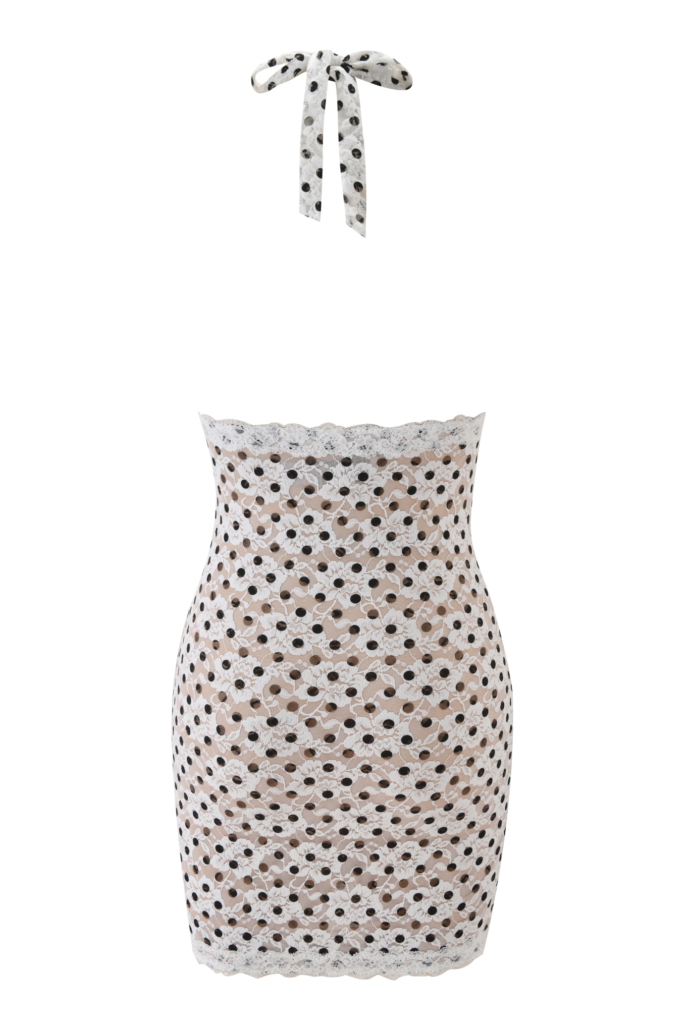 The GEM MINI DRESS - WHITE by I.AM.GIA is a strapless lace mini dress with playful black polka dots and a matching polka dot halter neck strap displayed above the dress.