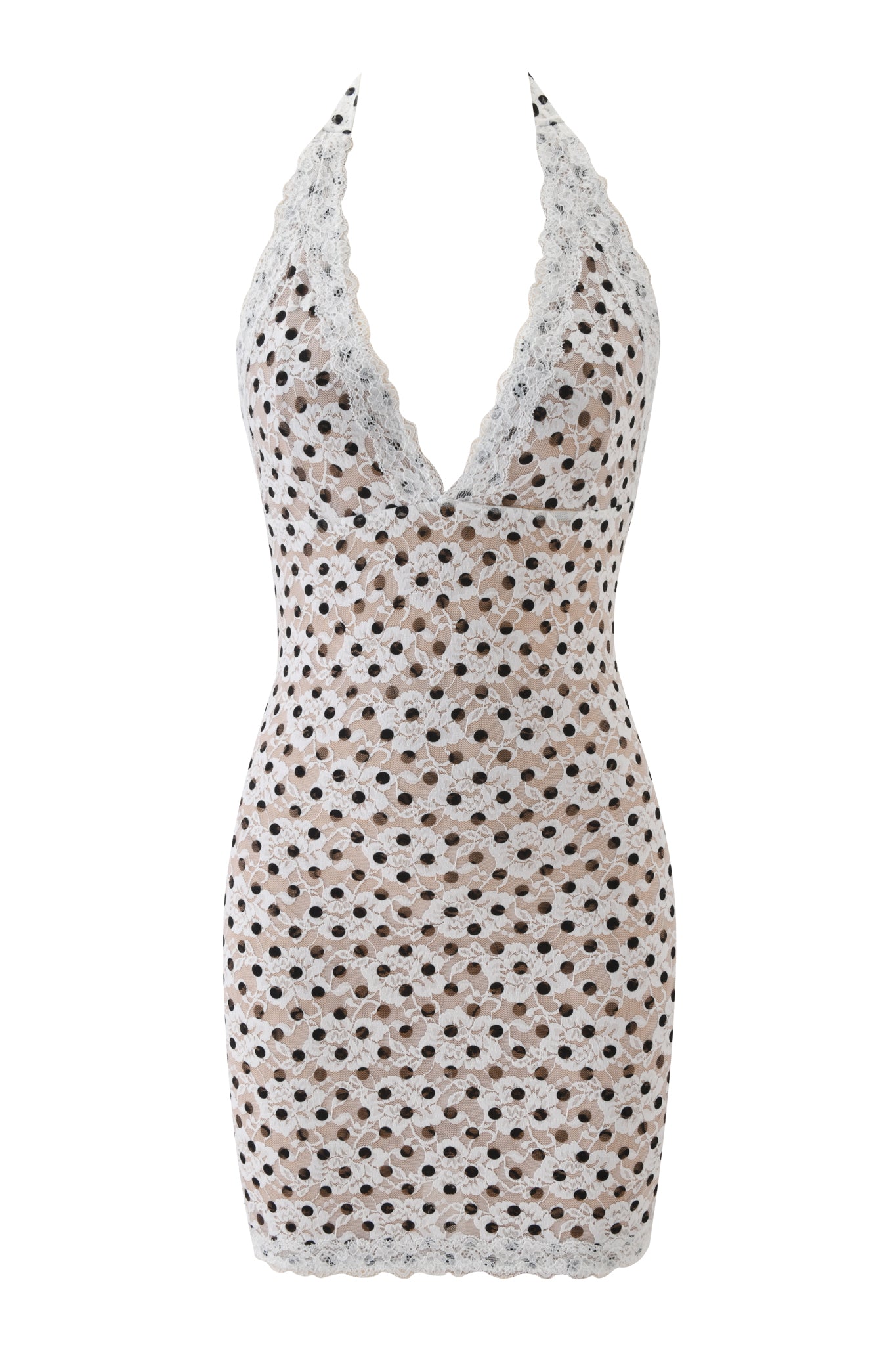 The GEM MINI DRESS - WHITE by I.AM.GIA is a sleeveless, halter-neck mini dress with a deep V-neckline and white lace overlay featuring circular cutouts over a chic nude underlayer.
