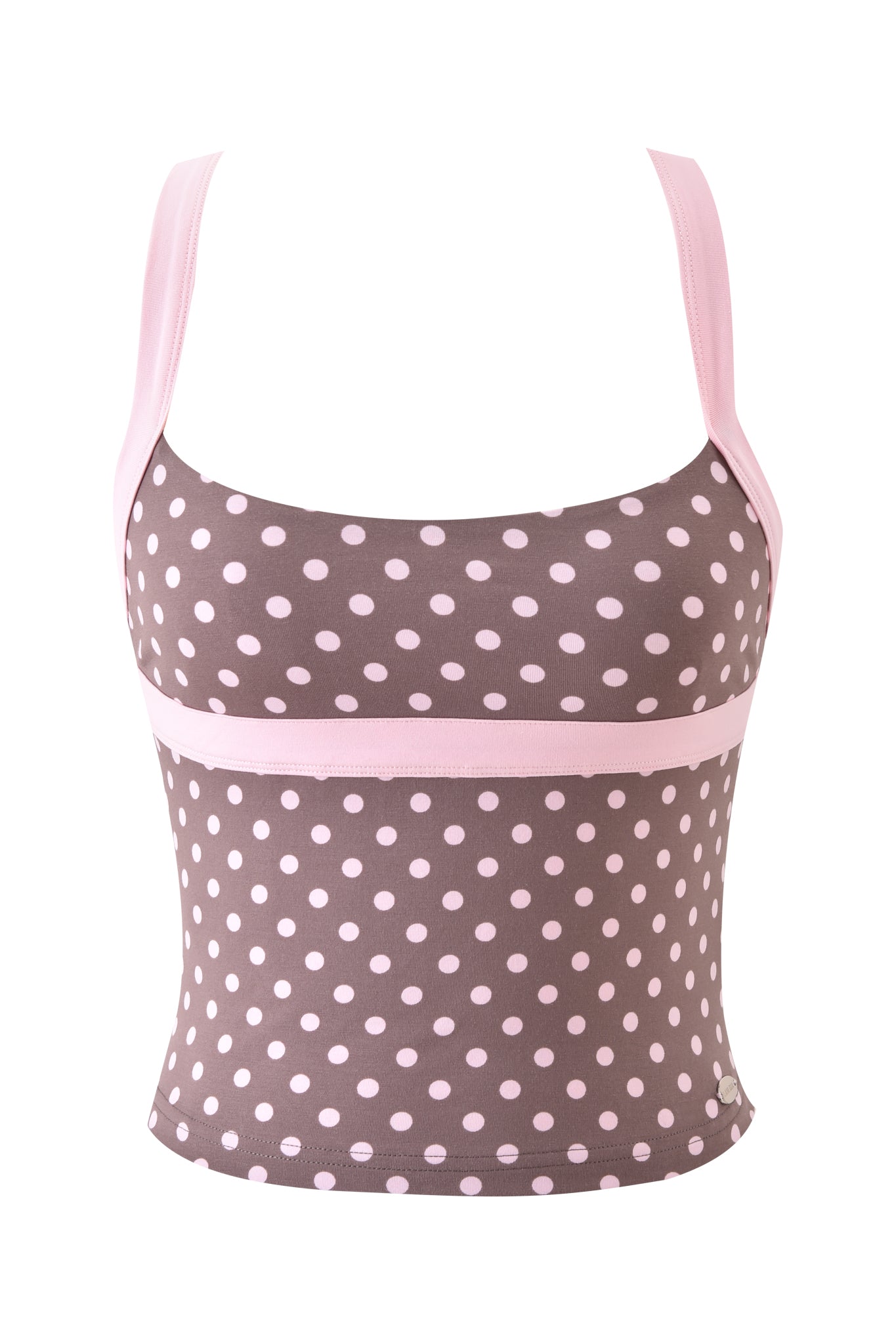The BLARE HALTER STRAP TOP - PINK CHOCOLATE by I.AM.GIA is a sleeveless brown crop top with light pink polka dots, pink straps, and a horizontal pink band under the bust. Part of the Blare collection, shown on a white background.