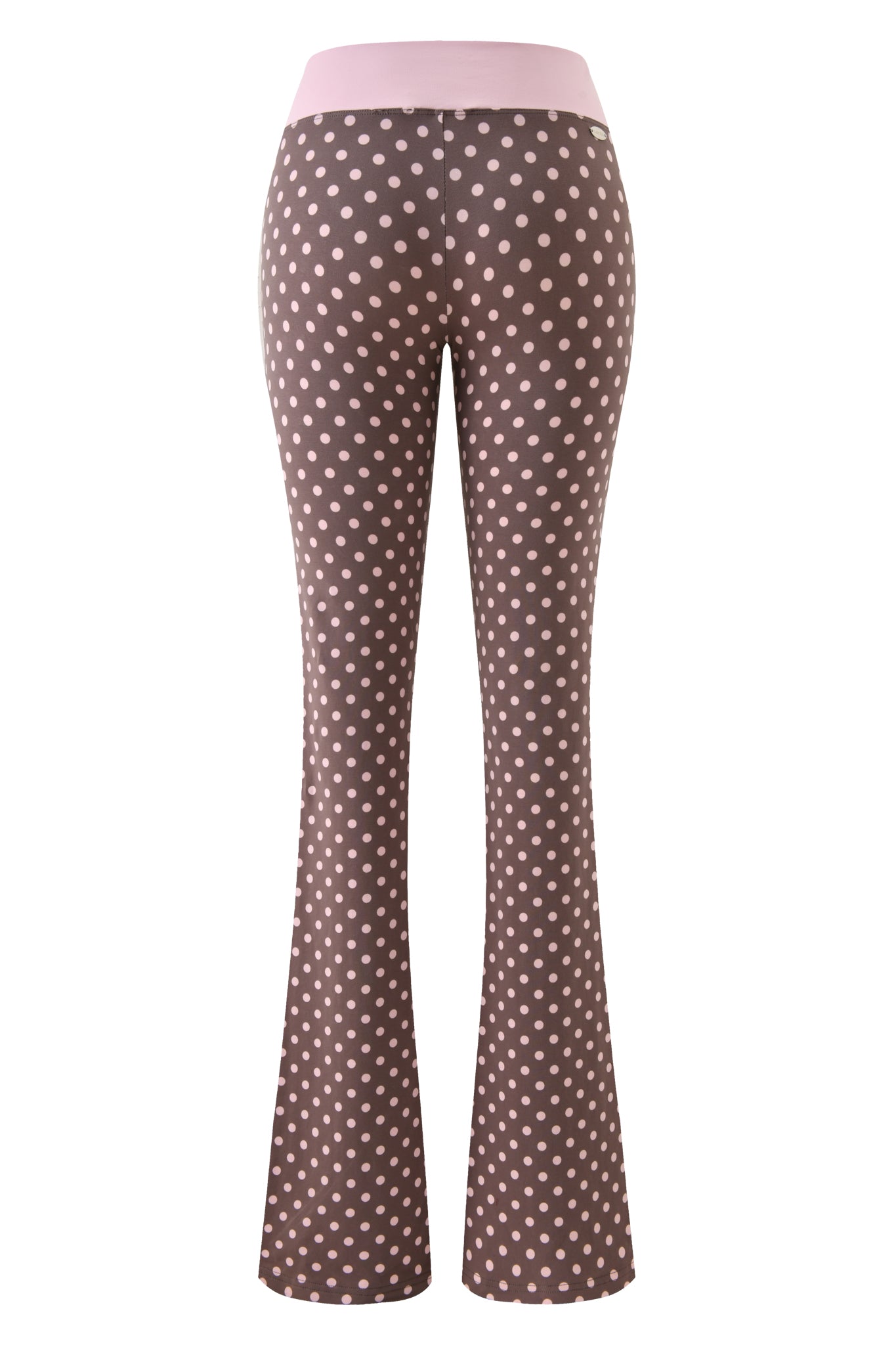 Back view of I.AM.GIA BLARE CROSSOVER PANT - PINK CHOCOLATE featuring a brown polka dot print with light pink dots and a wide, solid light pink crossover waistband.