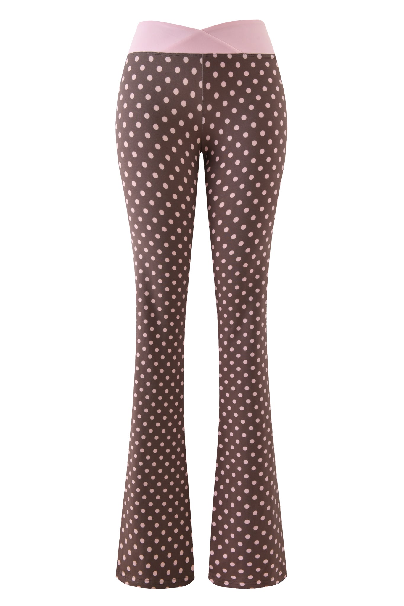 I.AM.GIA's BLARE CROSSOVER PANT - PINK CHOCOLATE features brown flared legs, playful polka dots, and a wide light pink crossover waistband, shown against a plain white background.