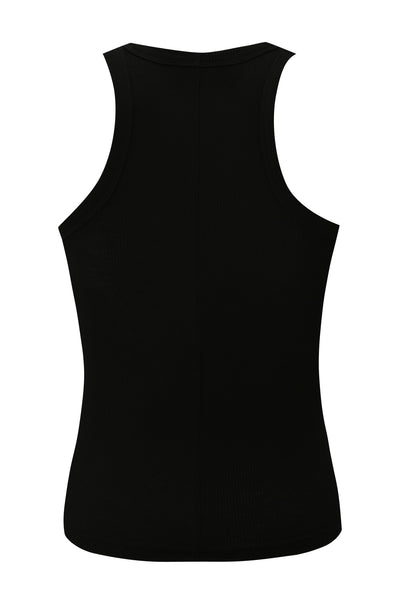 The PENELOPE TANK - GIA LOGO by I.AM.GIA is a sleek, black ribbed fitted top featuring a racerback design and a streamlined silhouette, shown from the back.