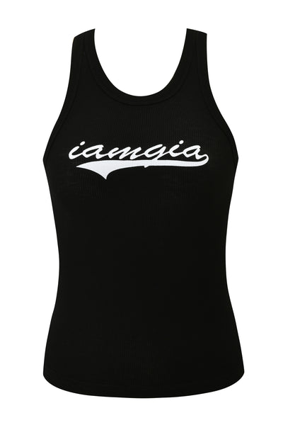 The I.AM.GIA PENELOPE TANK - GIA LOGO is a black, fitted racer tank with a ribbed texture and rounded neckline, featuring "iamgia" in white cursive across the chest. Photographed on a plain white background.