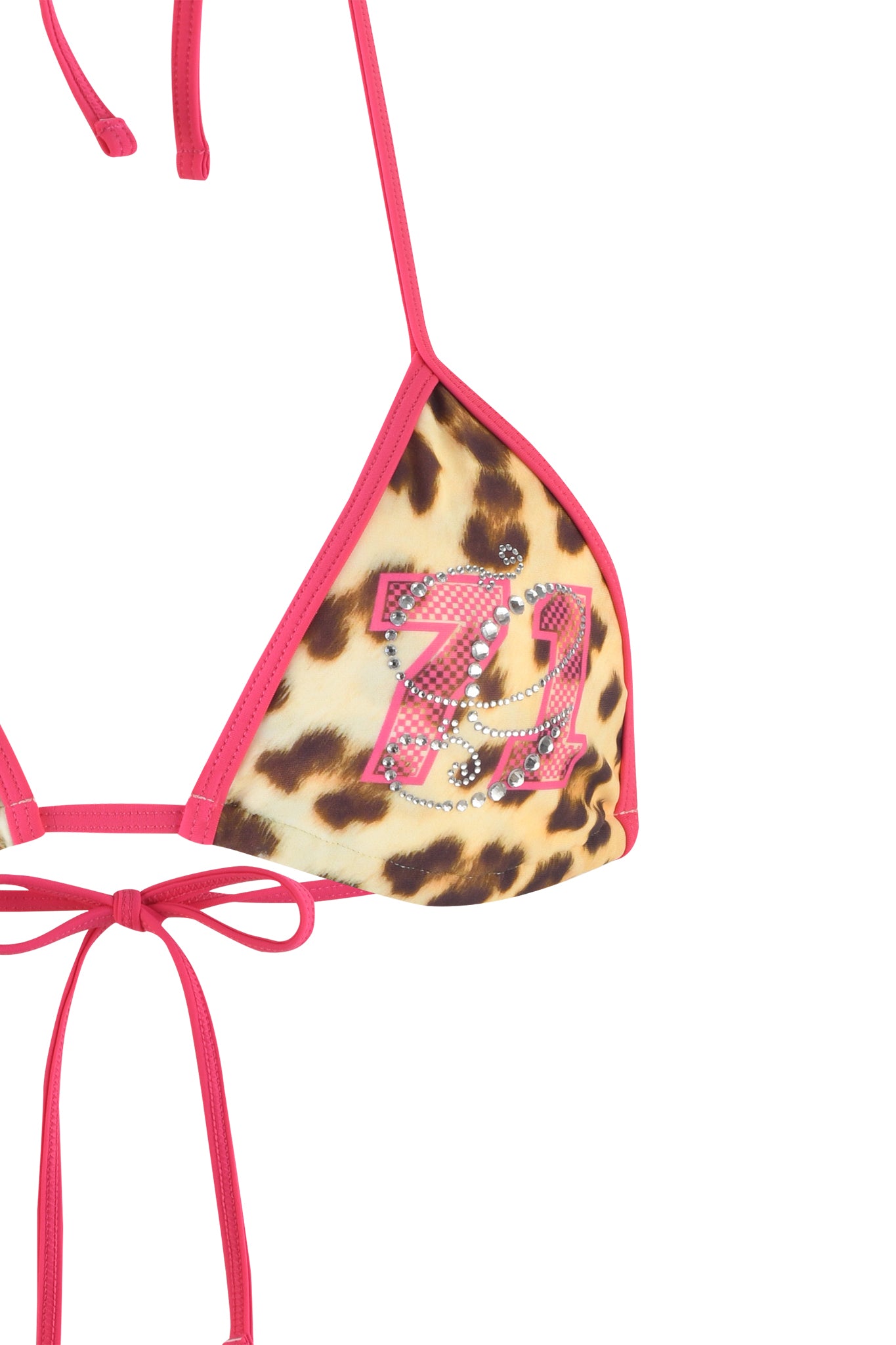 A close-up of the I.AM.GIA CORDELIA BIKINI TOP in Neutral Leopard Wildcard shows a triangle top with pink trim and a rhinestone "77" on one cup.
