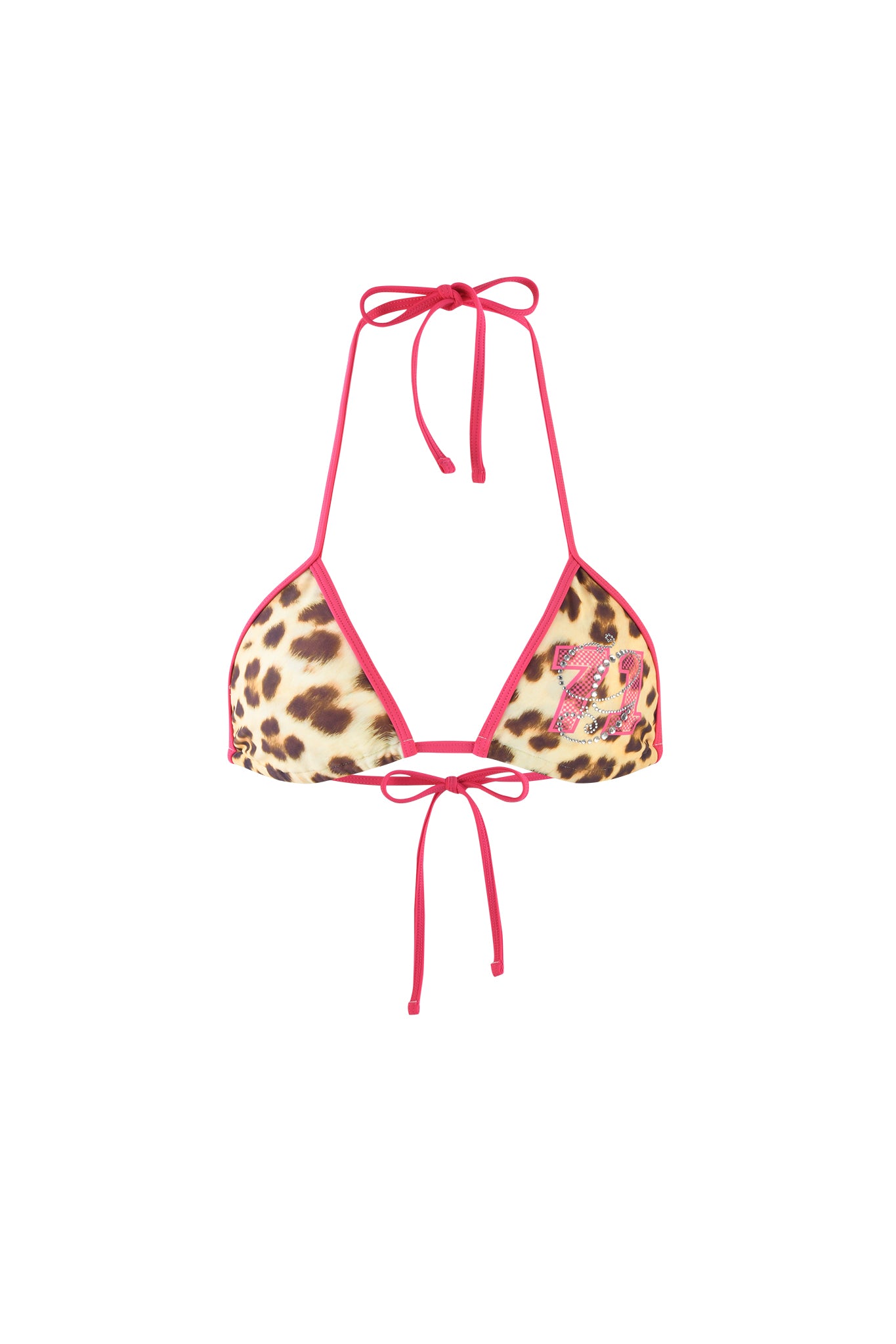 The I.AM.GIA CORDELIA BIKINI TOP in Leopard Wildcard features a bold leopard print, pink trim, adjustable neck and back ties, plus a playful pink patch on the right side.