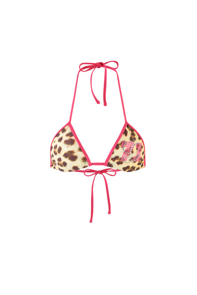 The I.AM.GIA CORDELIA BIKINI TOP in Leopard Wildcard features a bold leopard print, pink trim, adjustable neck and back ties, plus a playful pink patch on the right side.