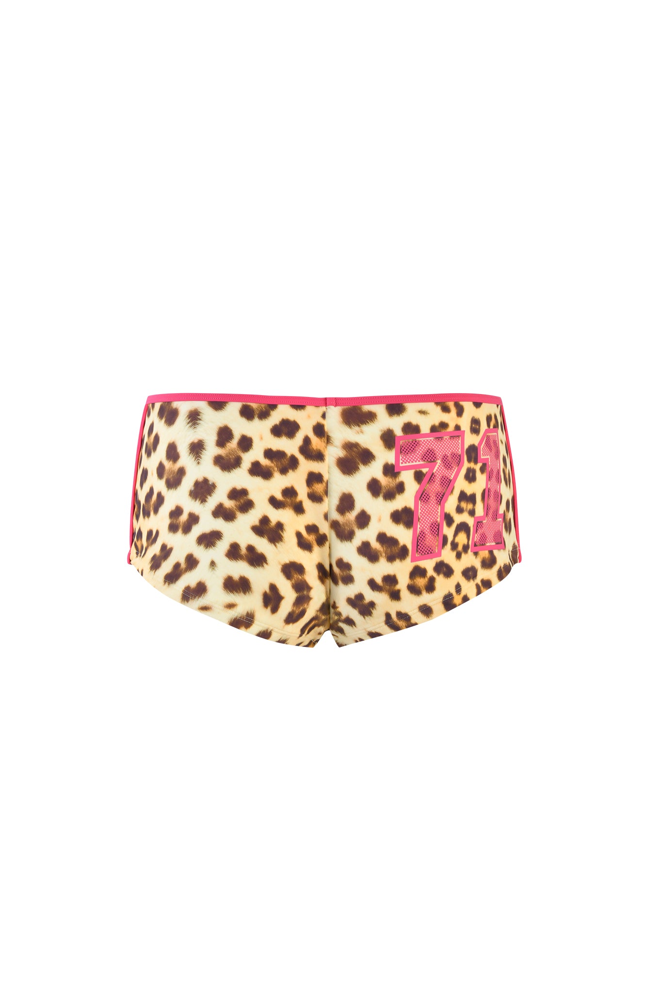 The I.AM.GIA JOANNE SHORT - NEUTRAL : LEOPARD : WILDCARD features a micro mini cut, custom leopard print, and a pink "74" on the left side, shown from the back against a white background.