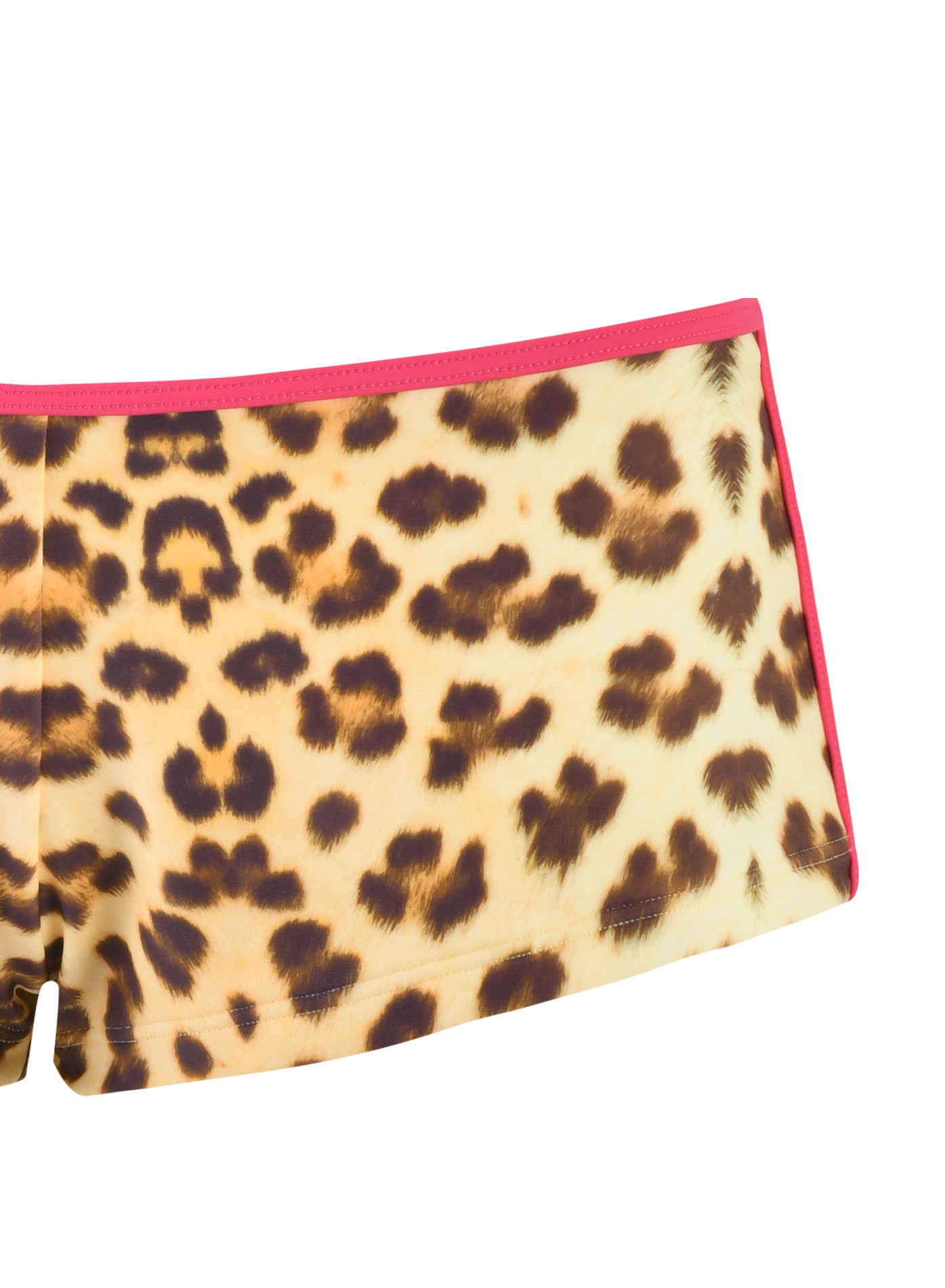 Close-up of I.AM.GIA’s JOANNE SHORT - NEUTRAL : LEOPARD : WILDCARD, showcasing micro mini hot shorts with a custom leopard print and pink waistband against a white background.