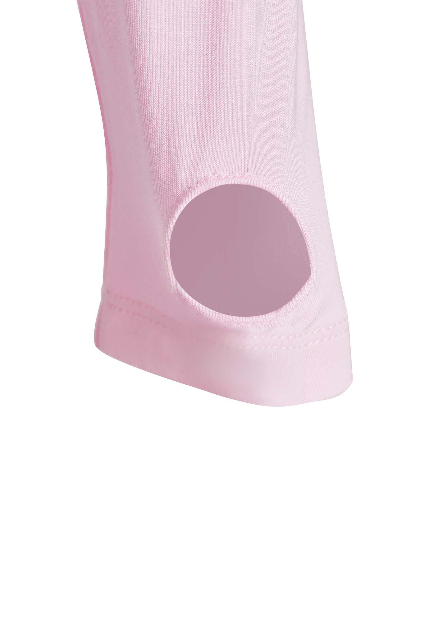 Close-up of the BLARE HOODIE - PINK by I.AM.GIA shows a pastel pink sleeve with a circular thumb hole near the cuff, combining comfort and practicality for athletic or casual wear in signature I.AM.GIA style.