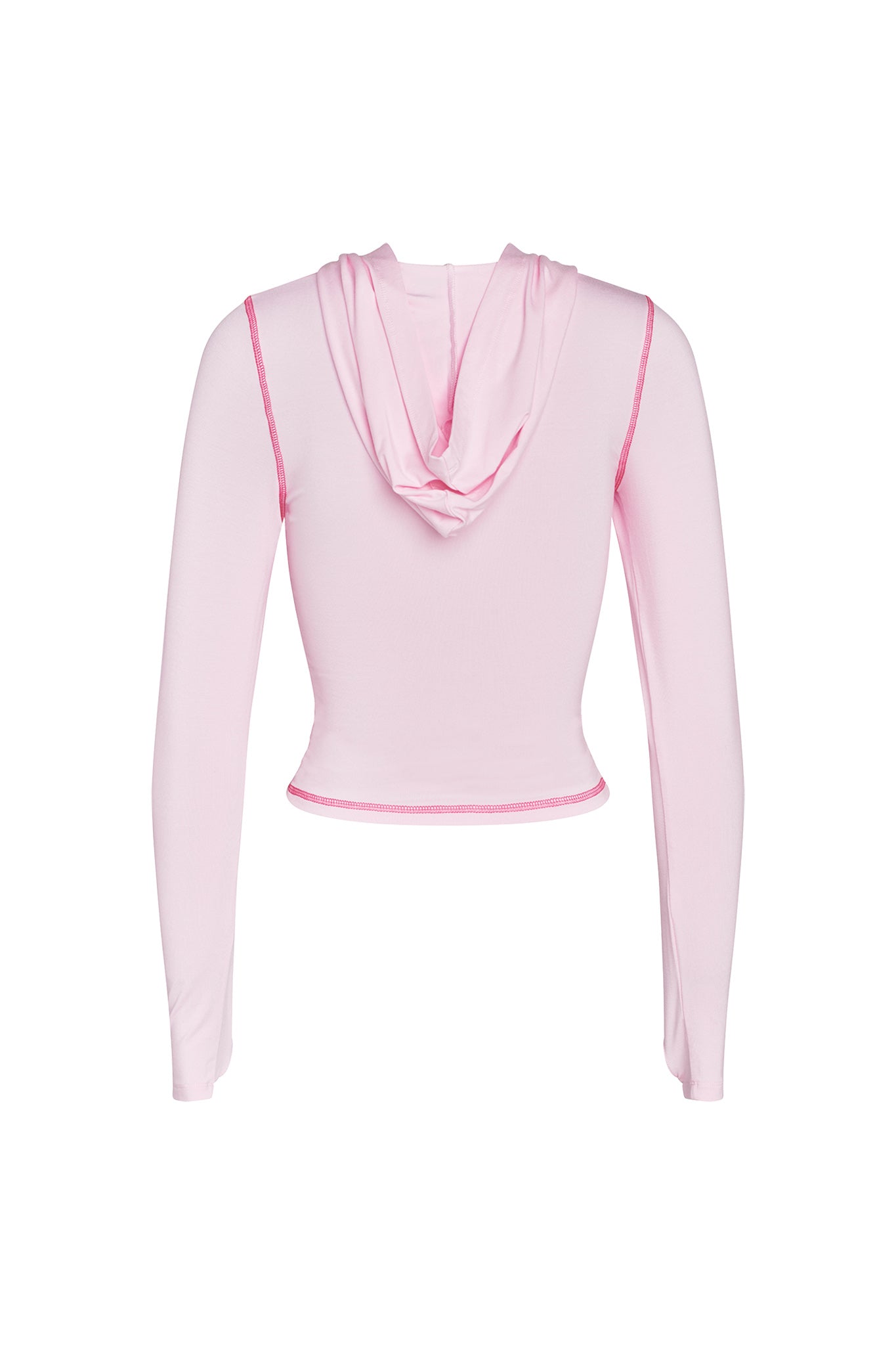The I.AM.GIA BLARE HOODIE in pastel pink features long sleeves, a fitted cropped hem, seam details, and a hood. Displayed from the back against a white background, it embodies true I.AM.GIA style.