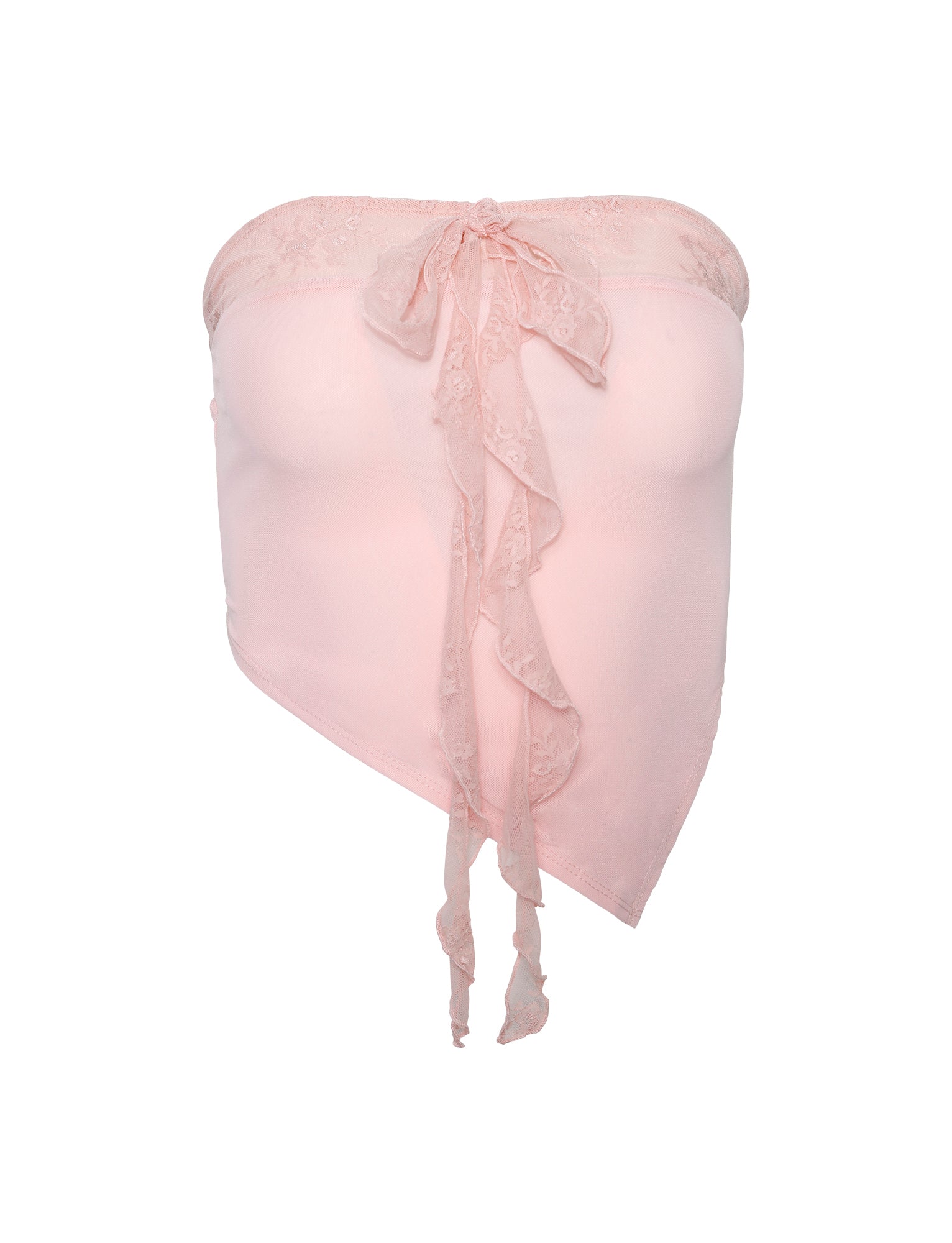 The HARPER TOP by TIGERMIST is a light pink, strapless tube top with an asymmetrical hem. It features delicate lace details along the upper edge and a decorative ruffled sash hanging from the center front.