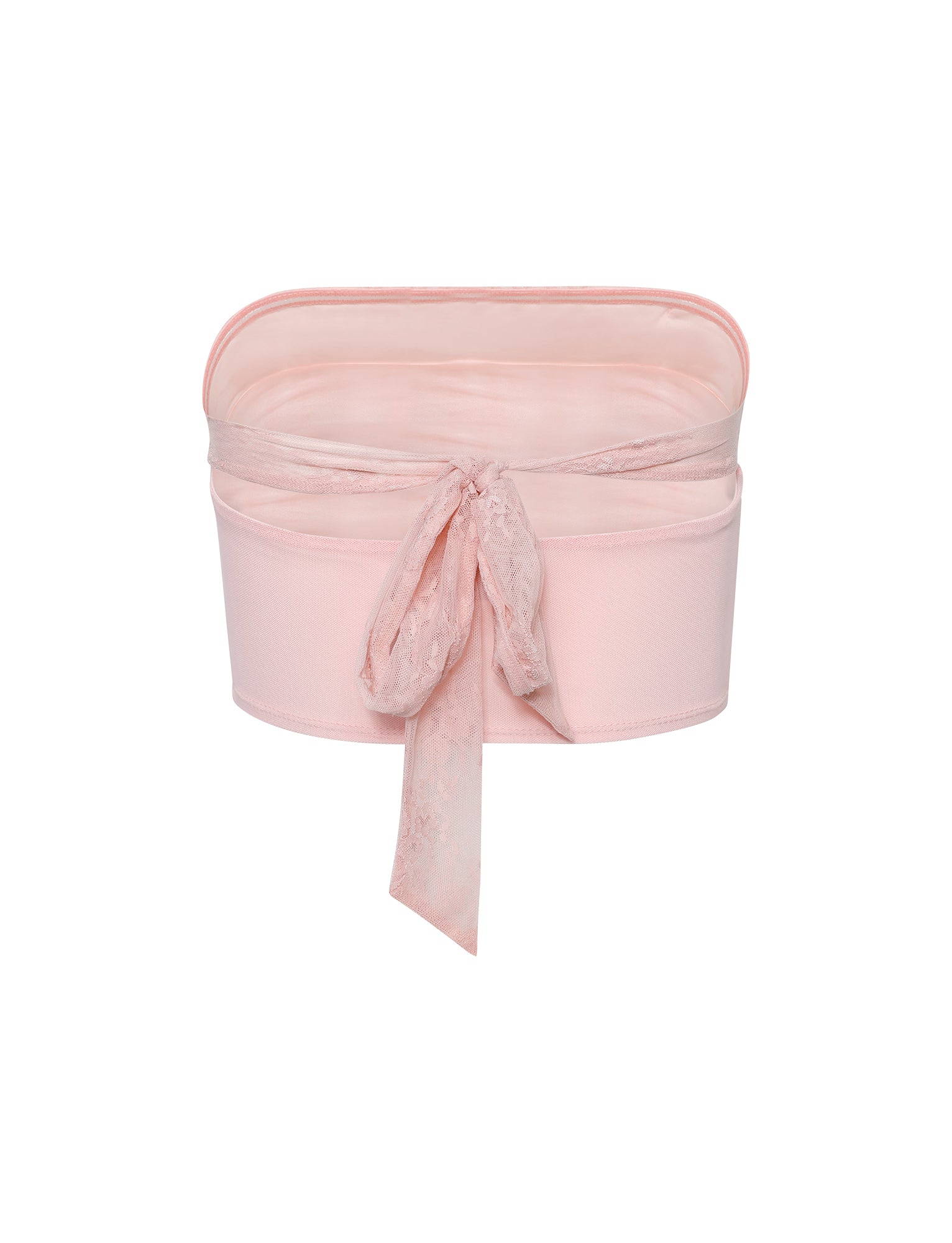 A pastel pink fabric storage box with a matching lace ribbon bow on the front and an open, box-like upper section. Designed to be decorative, this container blends practicality with an aesthetic touch, reminiscent of TIGERMIST's HARPER TOP in baby pink.