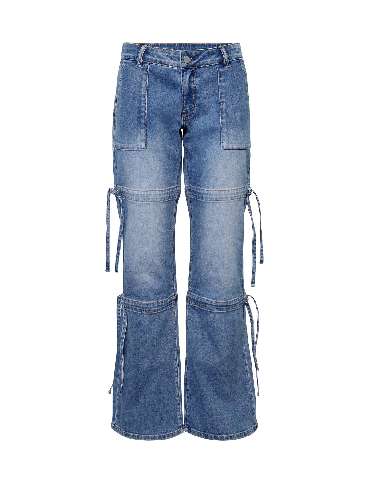 The BAINES PANT - BLUE : LIGHT WASH by TIGERMIST is a pair of blue denim cargo jeans featuring a mid-rise waist, wide-leg fit, and multiple pockets and loops on the sides. These jeans also include seam detailing and adjustable ties on the thighs and calves.