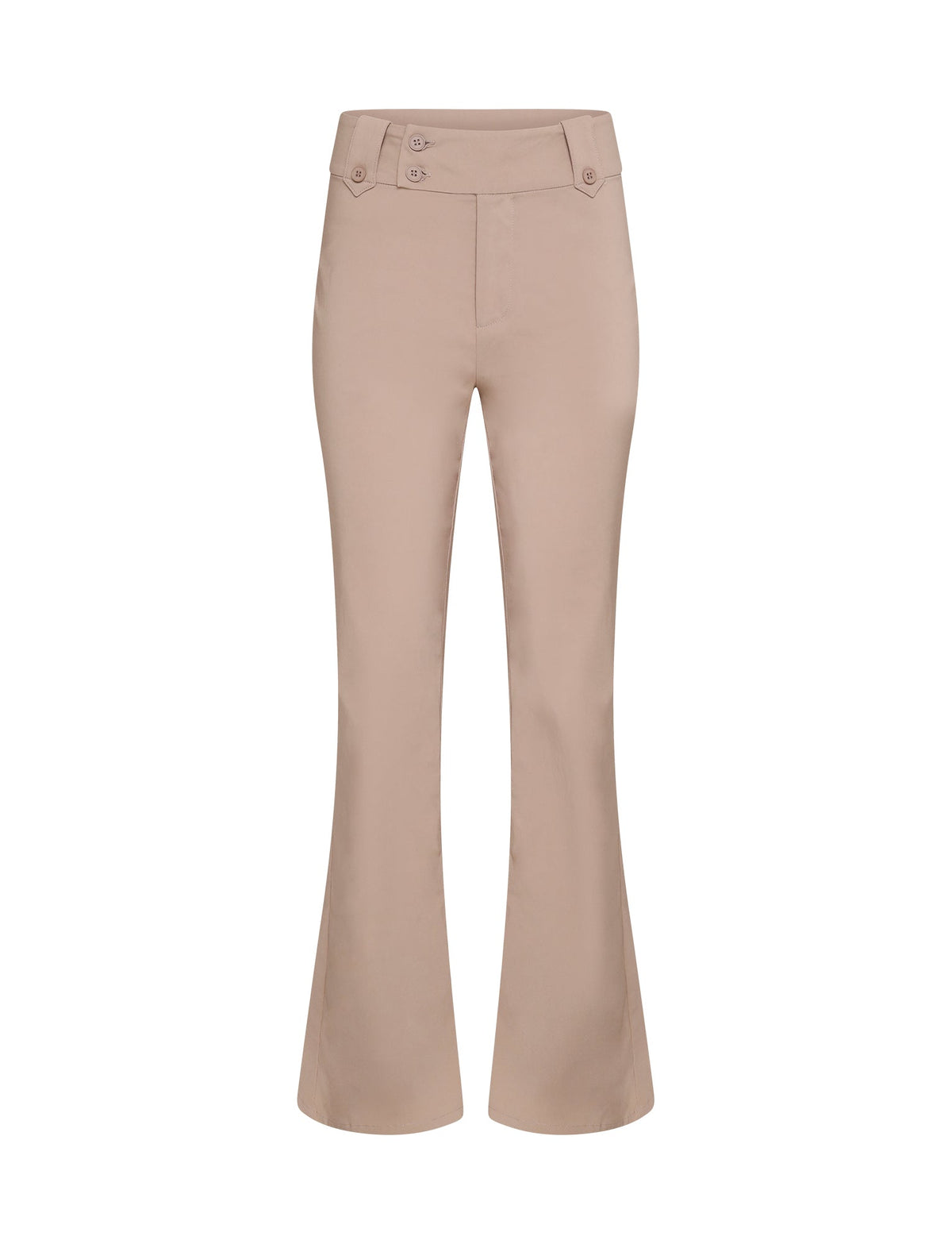 Image of the KITTIE HIGH RISE PANT - BEIGE : TAN by TIGERMIST. These beige women's dress pants feature a high waist with a wide waistband, detailed with two buttons and a small zipper. The legs are fitted at the top and gradually flare out towards the bottom.