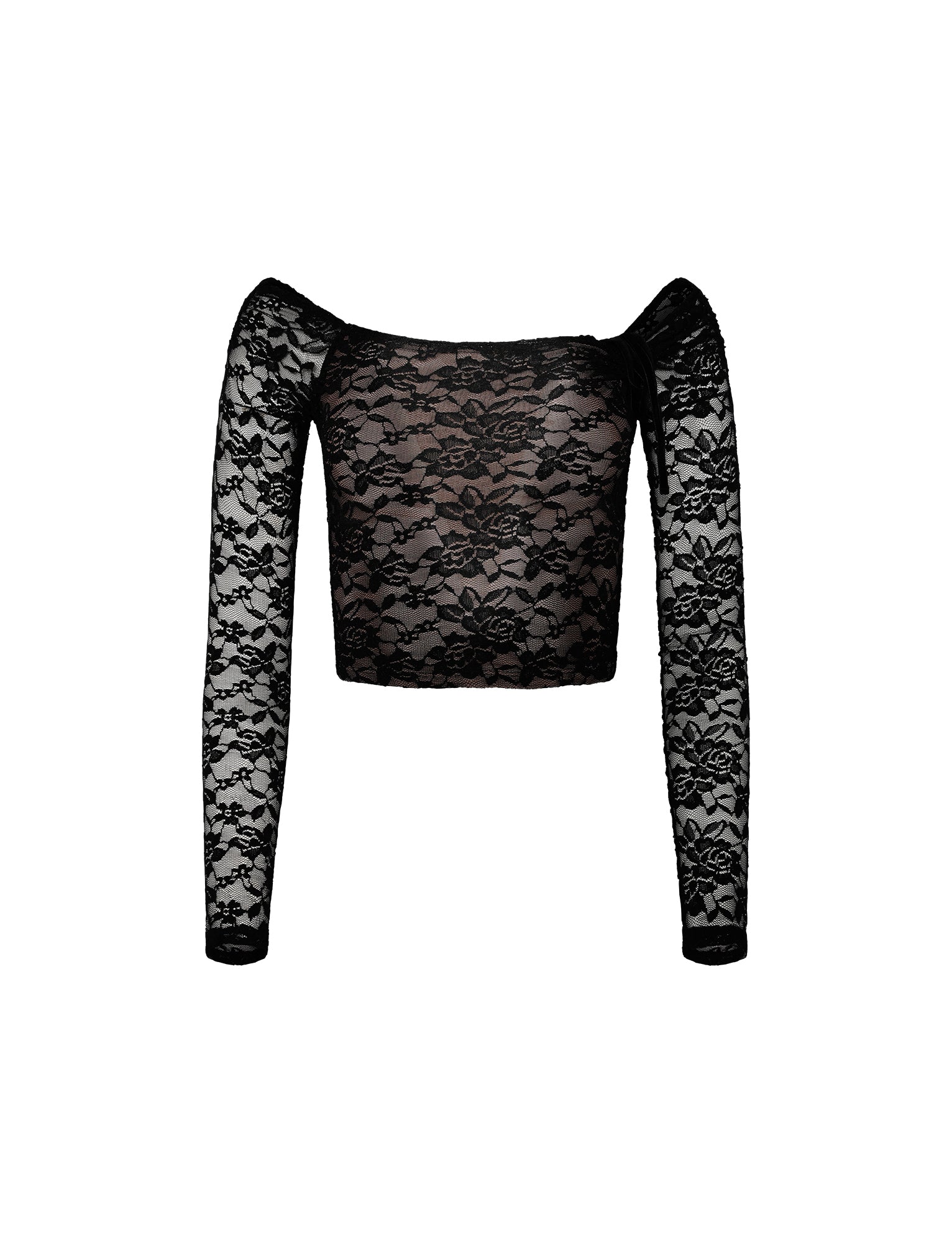 The CYD L/S TOP - BLACK from TIGERMIST is a black, off-the-shoulder long sleeve crop top featuring a floral lace pattern. Made from sheer material, the delicate and intricate lace design extends to the sleeves, giving the top a fitted and elegant shape.