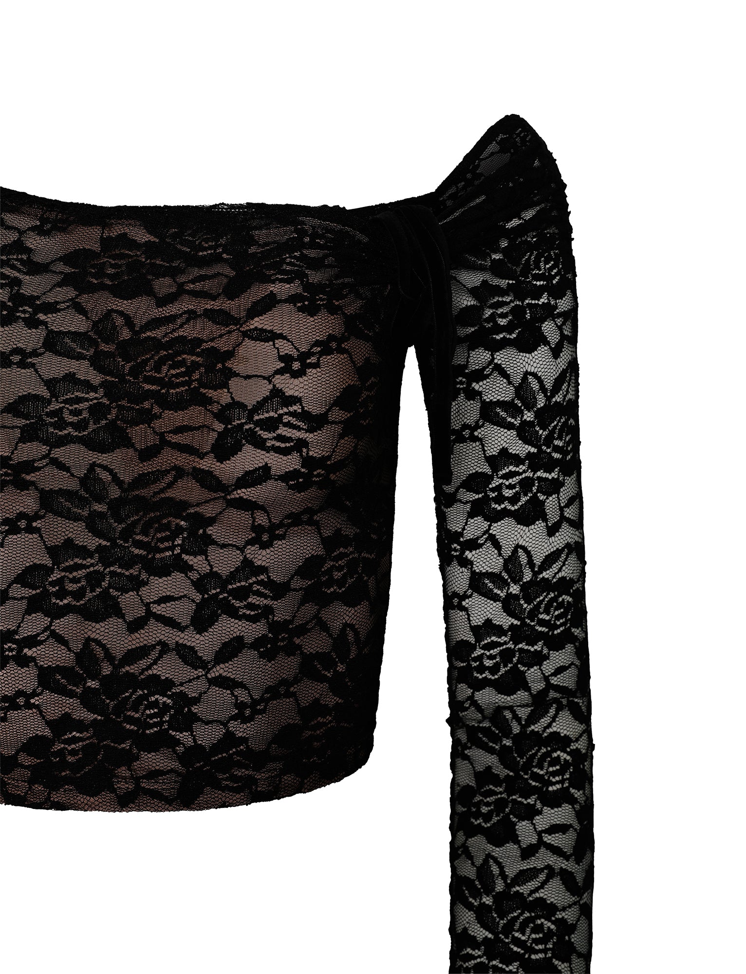 Close-up of the CYD L/S TOP - BLACK from TIGERMIST, featuring a floral lace pattern. The top includes a single long sleeve and a square neckline, showcasing the intricate lace design on the fabric. The white background highlights the textures and details of the lace.