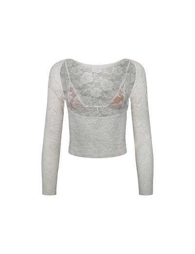 The CHRISTY LONG SLEEVE TOP - WHITE from TIGERMIST is a women’s long-sleeve lace top, featuring a semi-sheer floral lace pattern. This top has a fitted silhouette with a scoop neckline and is shown from the back.