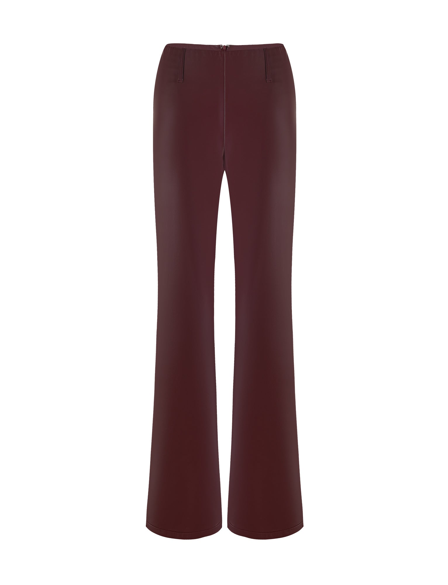 The PU TEDDIE PANT - RED in Cherry Red from TIGERMIST is a pair of high-waisted pants with a slightly flared leg. They have a smooth finish and feature a zipper closure at the front.