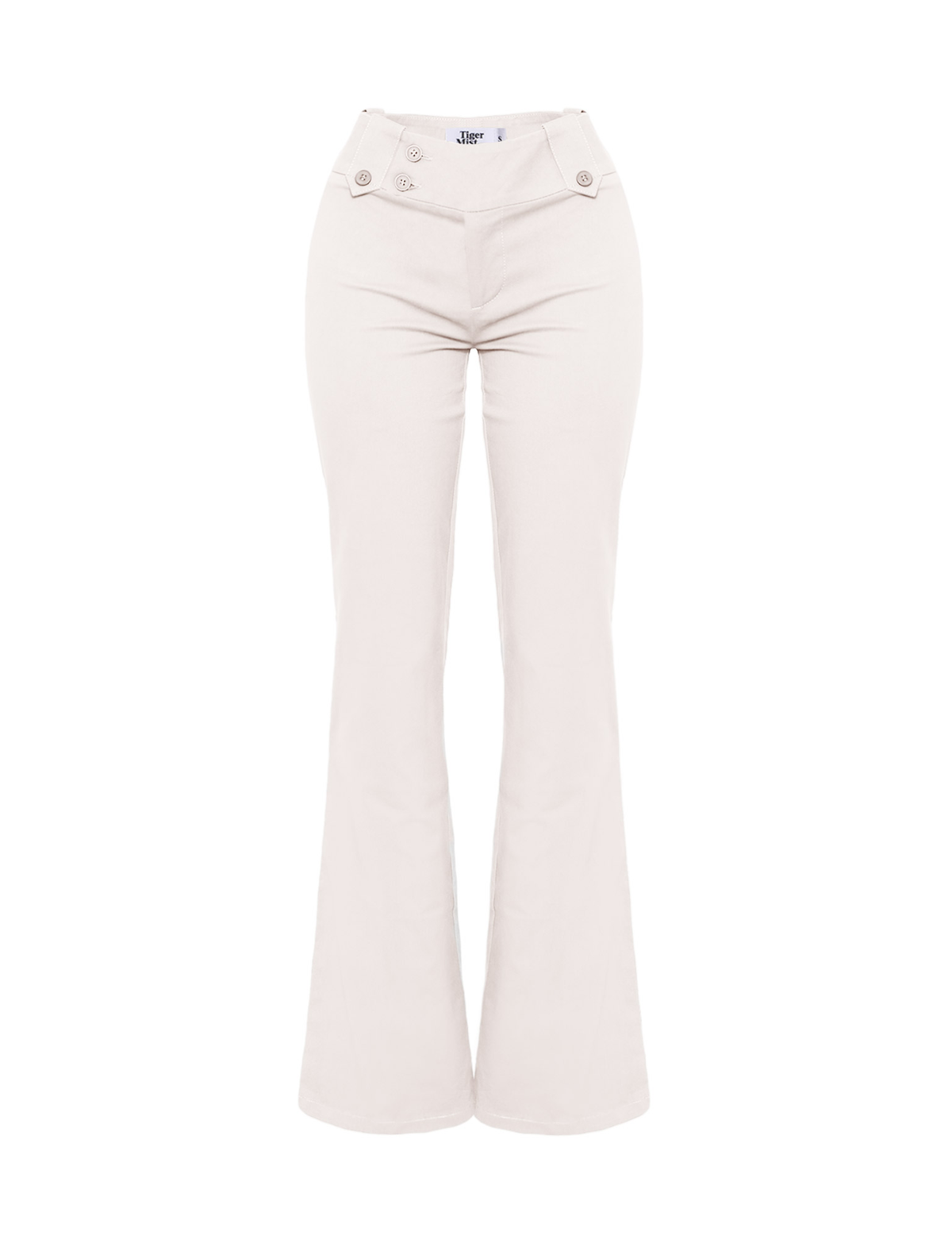 TIGERMIST KITTIE TWILL PANT - WHITE: High-waisted, off-white twill pants with flared leg, buttoned waistband accents, and a fitted upper silhouette, shown on a white background.