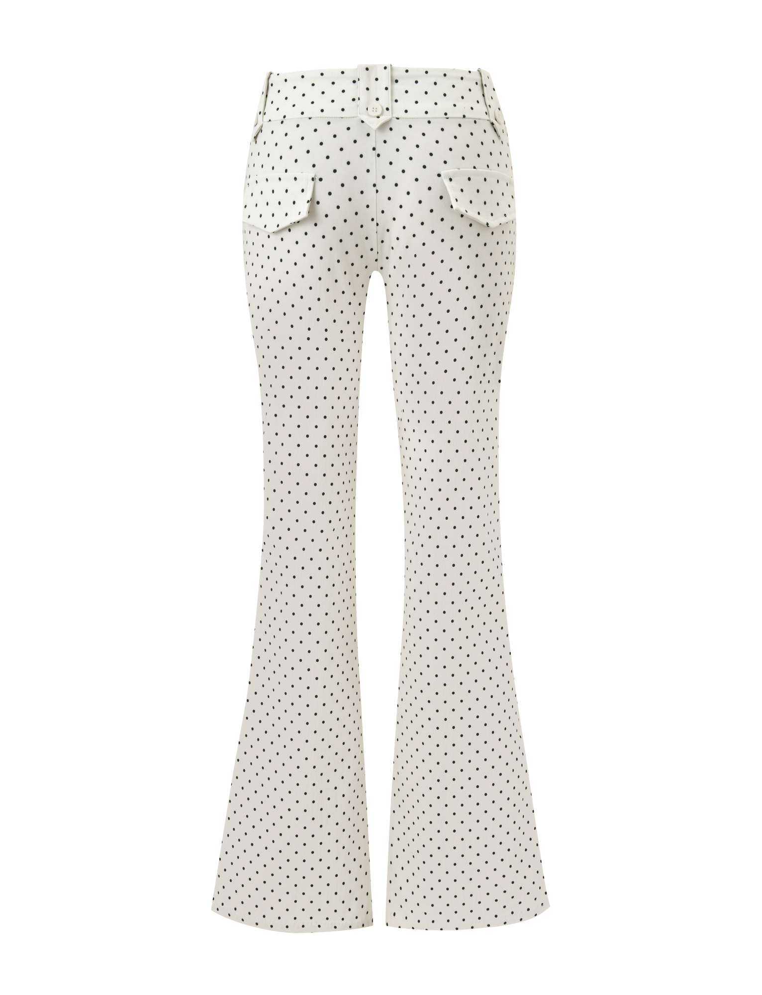 The TIGERMIST KITTIE PANT - CREAM DOT is a white high-waisted stretch suiting pant with black polka dots, two back flap pockets, and belt loops, shown from the back on a plain white background.
