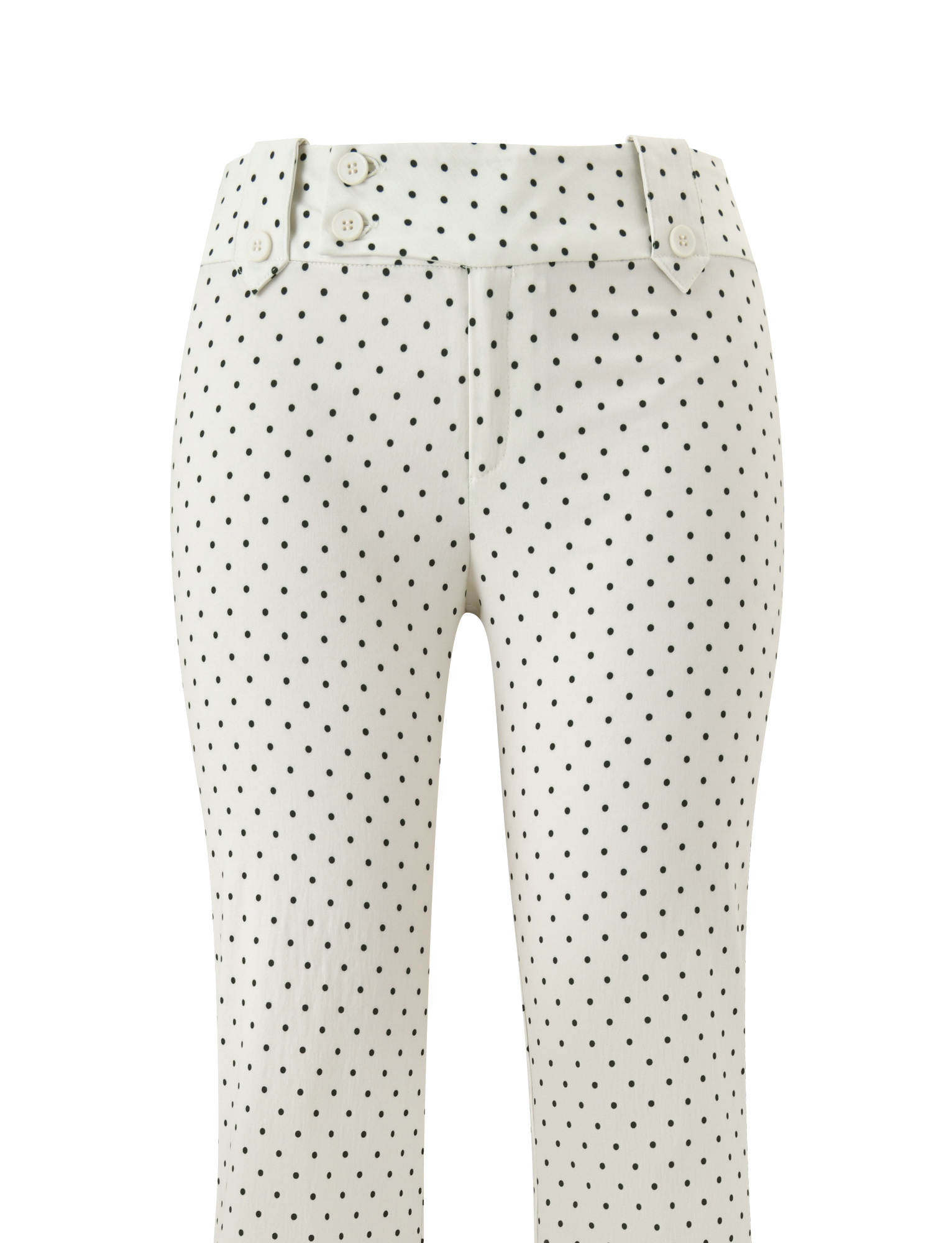The TIGERMIST KITTIE PANT - CREAM DOT features high-waisted cream pants with black polka dots, crafted from stretch suiting fabric and detailed with two front buttons and structured seams for a chic look.