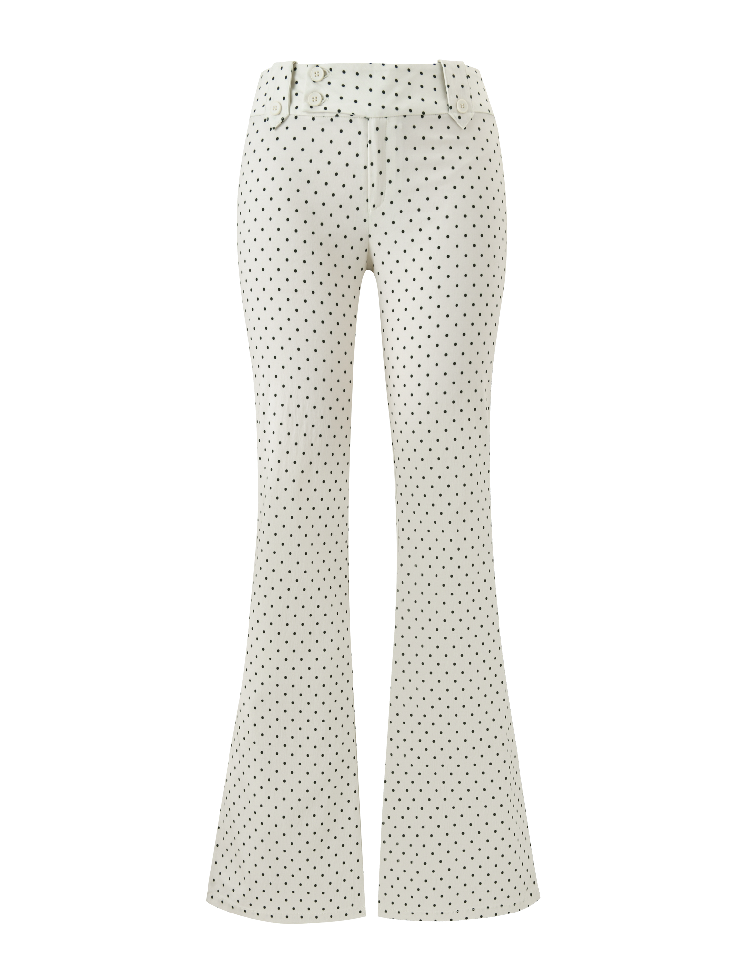 The KITTIE PANT - CREAM DOT by TIGERMIST features a high waist, flared leg, cream polka dot stretch suiting, front zipper and button closure with belt loops, shown on a plain white background.