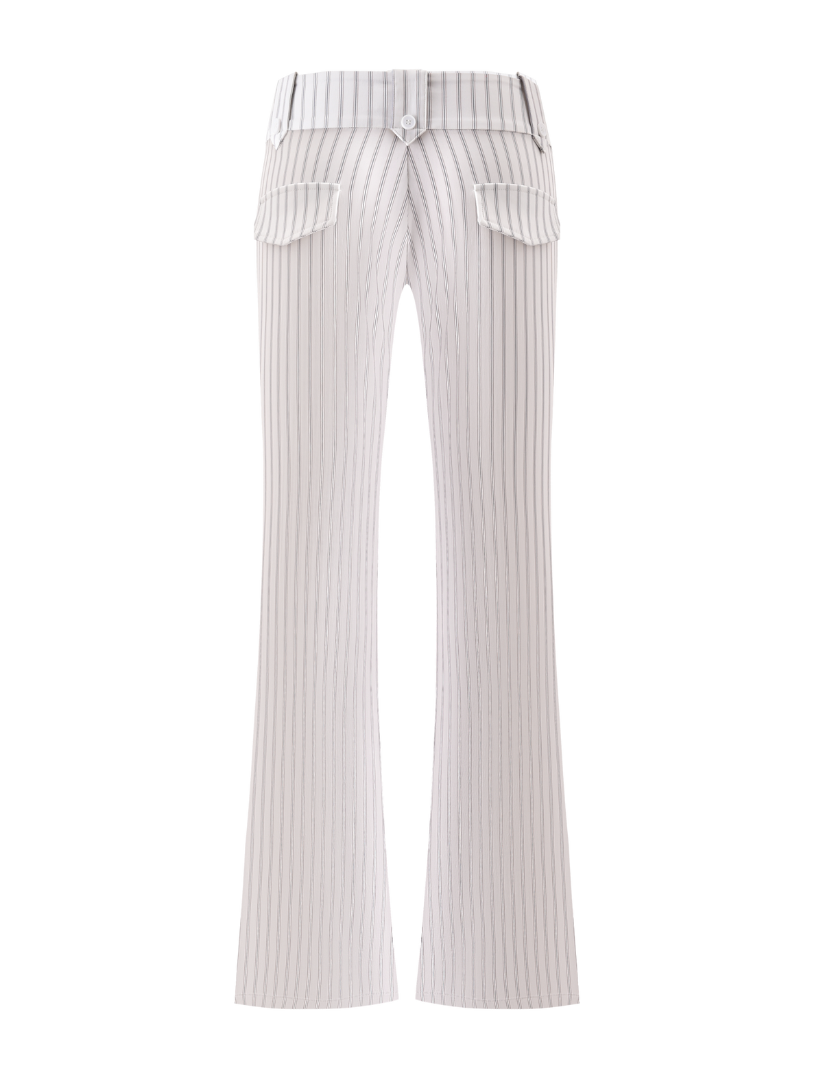 Back view of the TIGERMIST KITTIE PANT - IVORY STRIPE: high-waisted, ivory pinstripe flare pants with belt loops, button closure, two flap back pockets, and crafted from stretch suiting fabric for comfort and style.