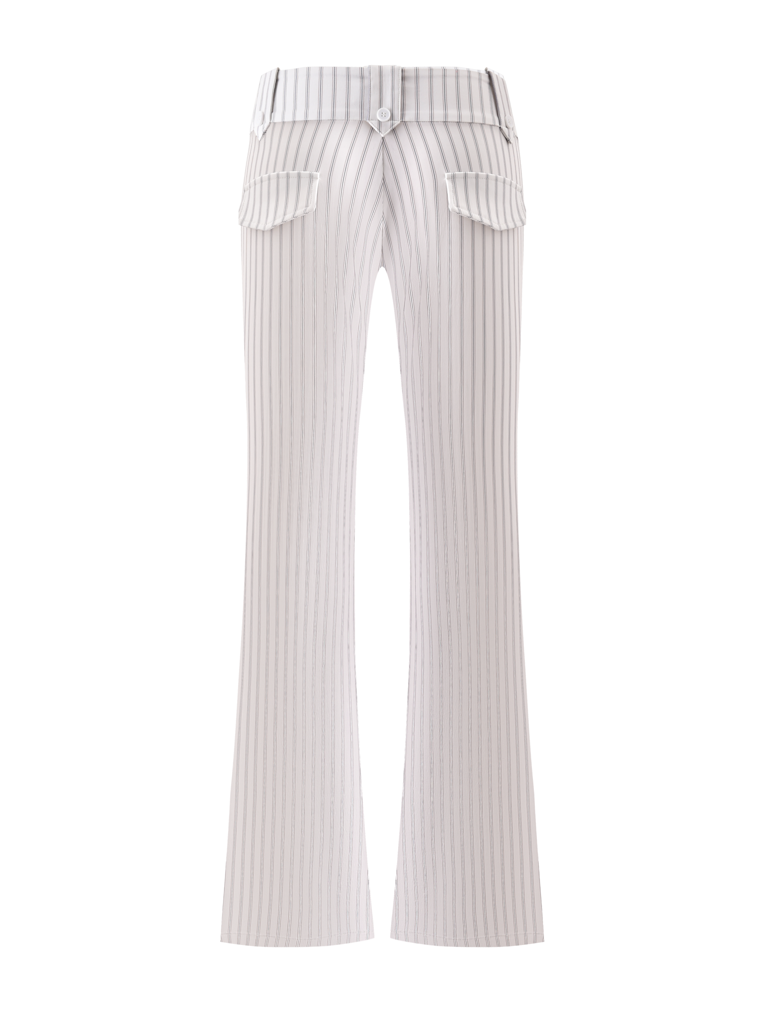 Back view of the TIGERMIST KITTIE PANT - IVORY STRIPE: high-waisted, ivory pinstripe flare pants with belt loops, button closure, two flap back pockets, and crafted from stretch suiting fabric for comfort and style.