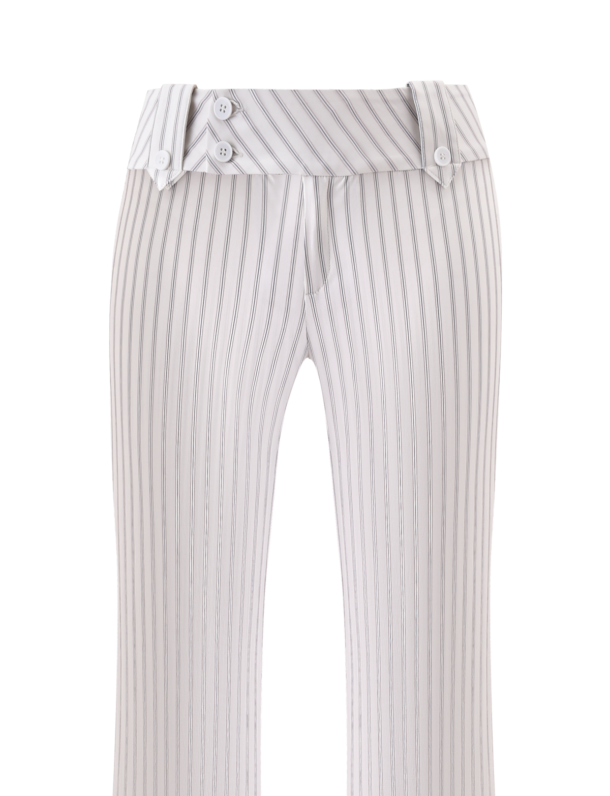 The TIGERMIST KITTIE PANT - IVORY STRIPE features white pinstripes, an asymmetrical waistband with three white buttons, stretch suiting fabric, and a modern flared, tailored fit—displayed on a plain white background.