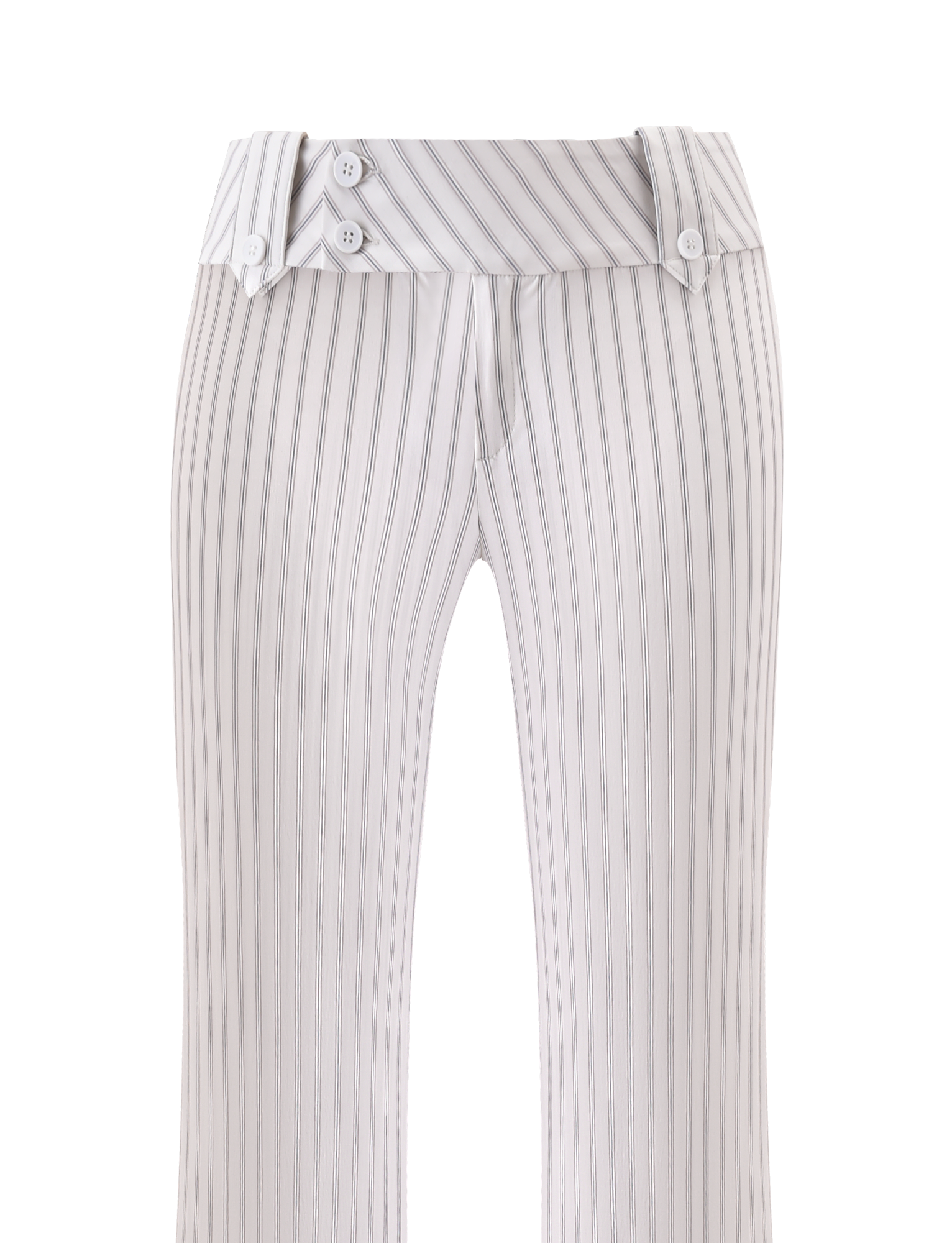 The TIGERMIST KITTIE PANT - IVORY STRIPE features white pinstripes, an asymmetrical waistband with three white buttons, stretch suiting fabric, and a modern flared, tailored fit—displayed on a plain white background.