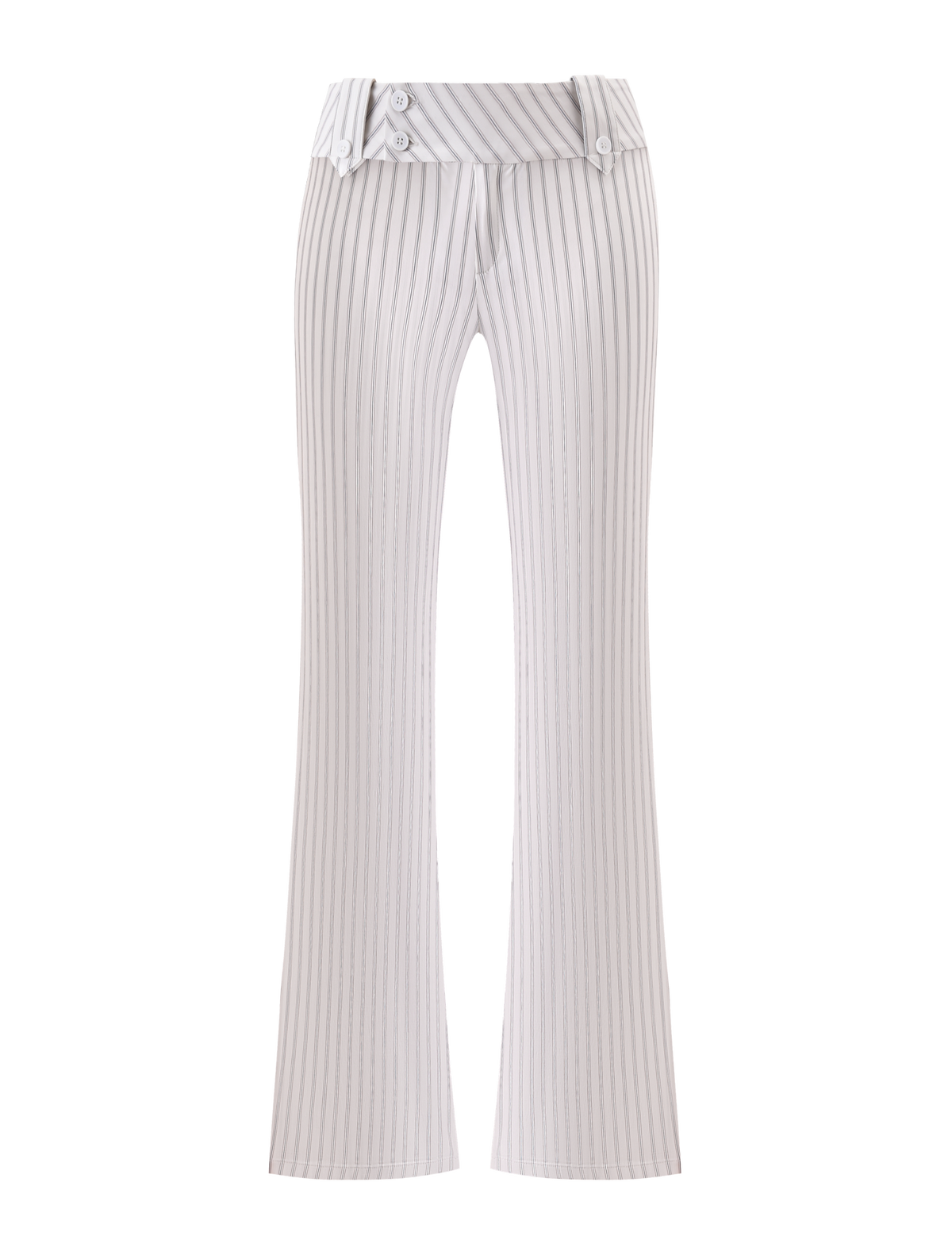 The TIGERMIST KITTIE PANT - IVORY STRIPE is a high-waisted, wide-leg style with light gray and white pinstripes, crafted from stretch suiting fabric and finished with a layered waistband and button accents.