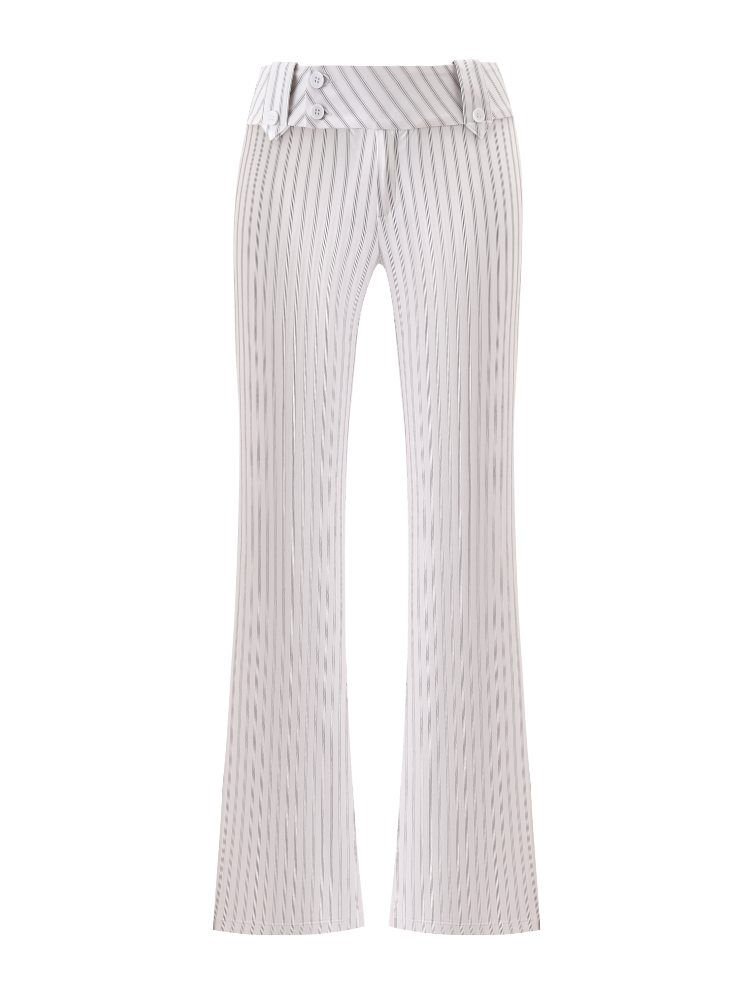 The TIGERMIST KITTIE PANT - IVORY STRIPE is a high-waisted, wide-leg style with light gray and white pinstripes, crafted from stretch suiting fabric and finished with a layered waistband and button accents.