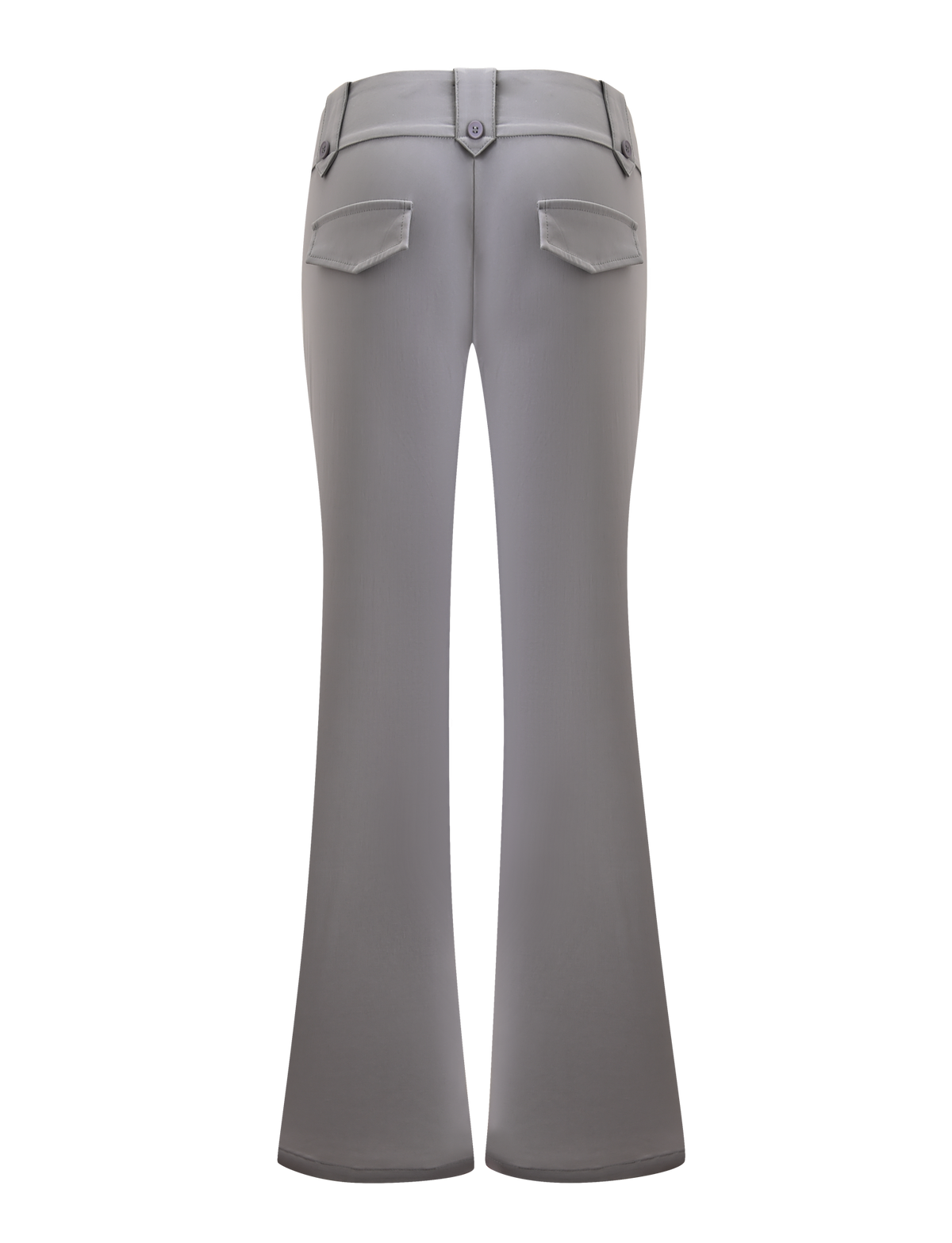 Back view of the TIGERMIST KITTIE PANT - FROST GREY in stretch suiting fabric, shown against a white background with two rear flap pockets, belt loops, and a buttoned waistband.