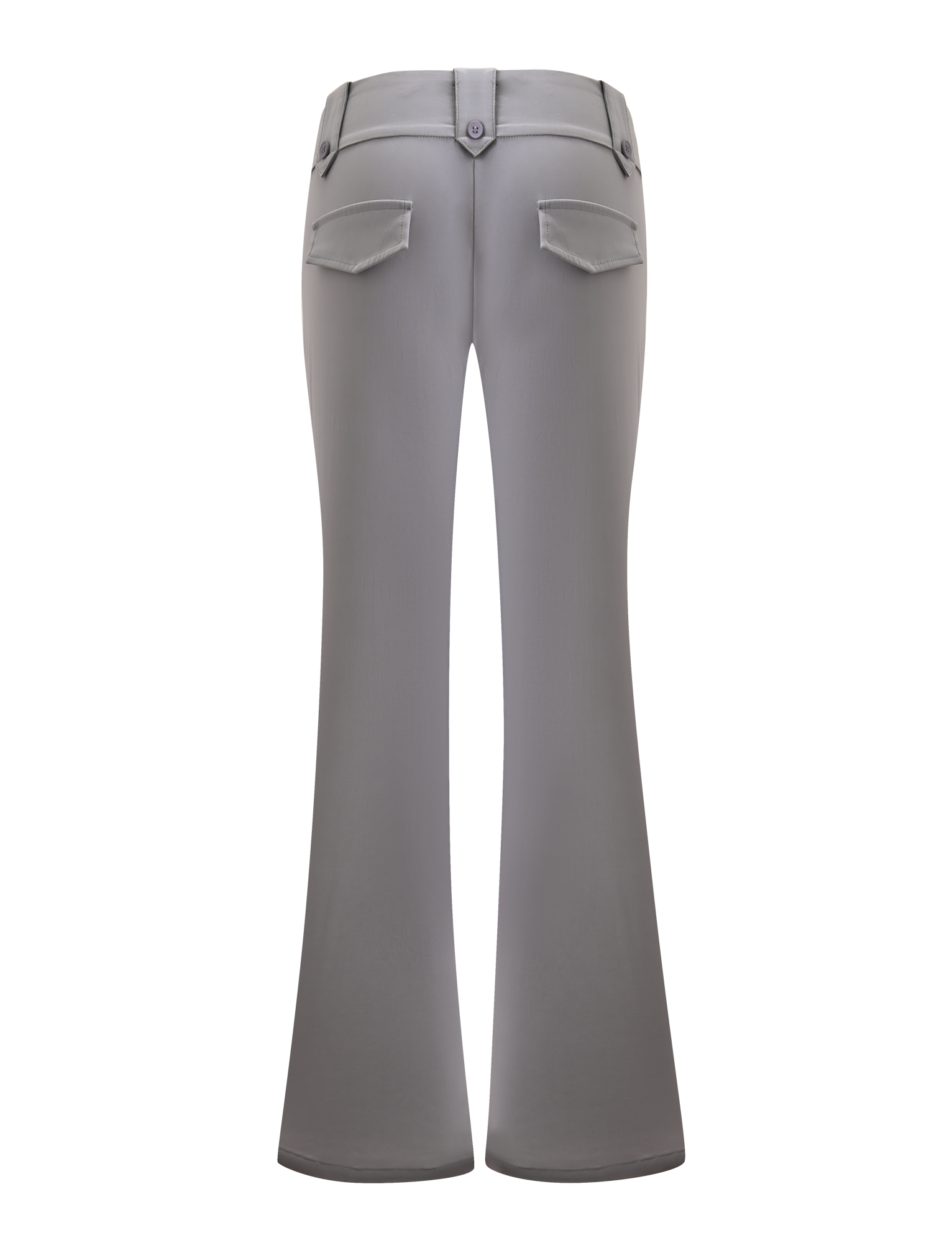 Back view of the TIGERMIST KITTIE PANT - FROST GREY in stretch suiting fabric, shown against a white background with two rear flap pockets, belt loops, and a buttoned waistband.