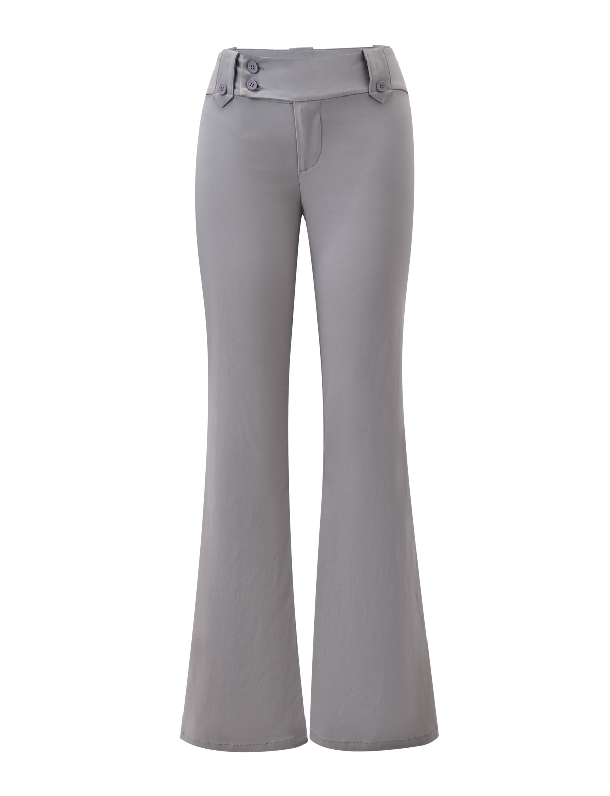The TIGERMIST KITTIE PANT - FROST GREY features a high waist, flared leg, two-button and zipper front closure, crafted in stretch suiting fabric and shown against a white background.