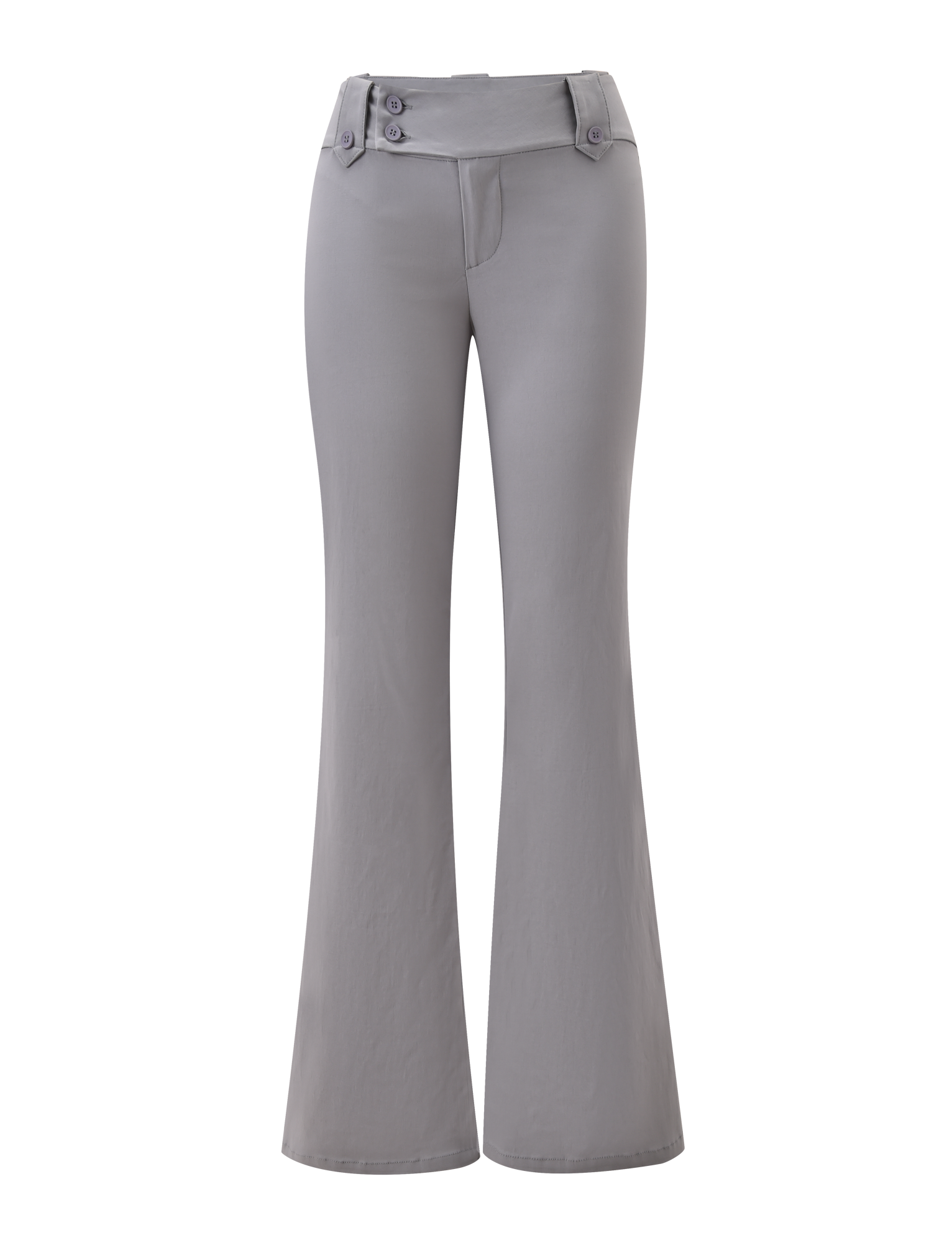 The TIGERMIST KITTIE PANT - FROST GREY features a high waist, flared leg, two-button and zipper front closure, crafted in stretch suiting fabric and shown against a white background.